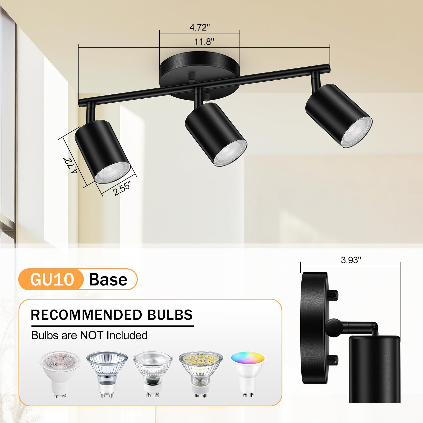 Boostarea Led 3 Light Track Lighting Kit, Black 3 Way Ceiling Spot Lighting, Flexibly Rotatable Light Head For Kitchen, Living R