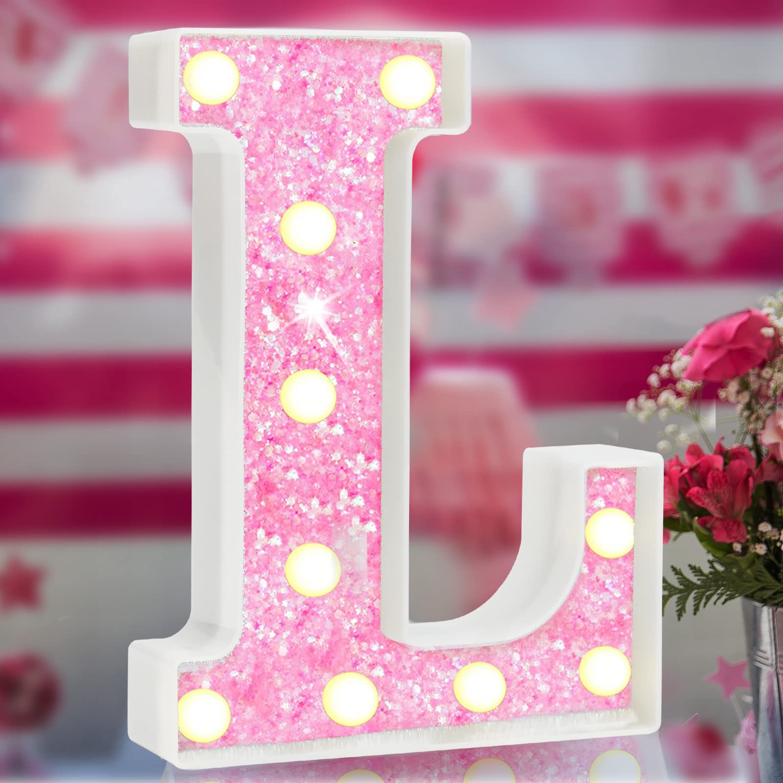 Elnsivo LED Marquee Letter Lights - Pink Glitter Alphabet Sign, Battery Powered Night Light for Girls Bedroom, Home Decor