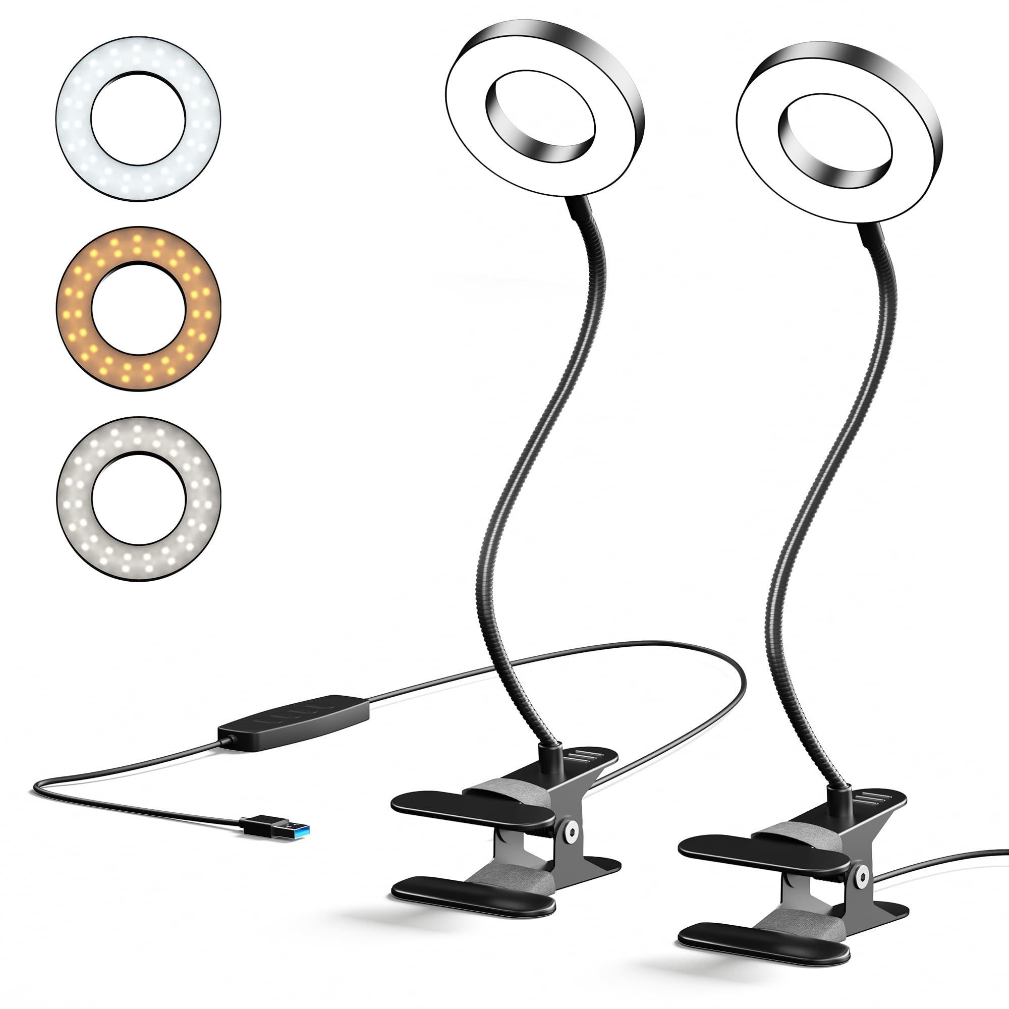 GARMESE 2 Pack LED Clip on Desk Lamp, Metal 360 Adjustable Neck Eye-Caring Clamp Lamp with Memory Function, 3 Color Modes & 10 B