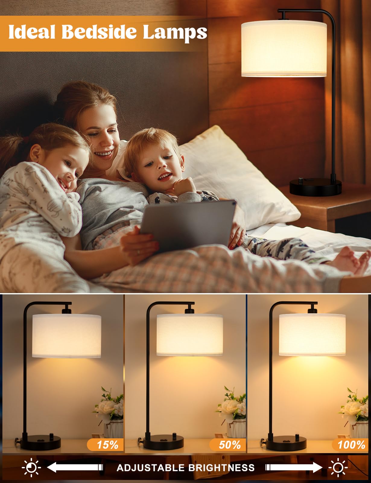 White Side Table Lamp With Usb Port And Outlet, Dimmable Nightstand Bedside Lamps With Linen Lampshade, Desk Lamp For Bedroom, L