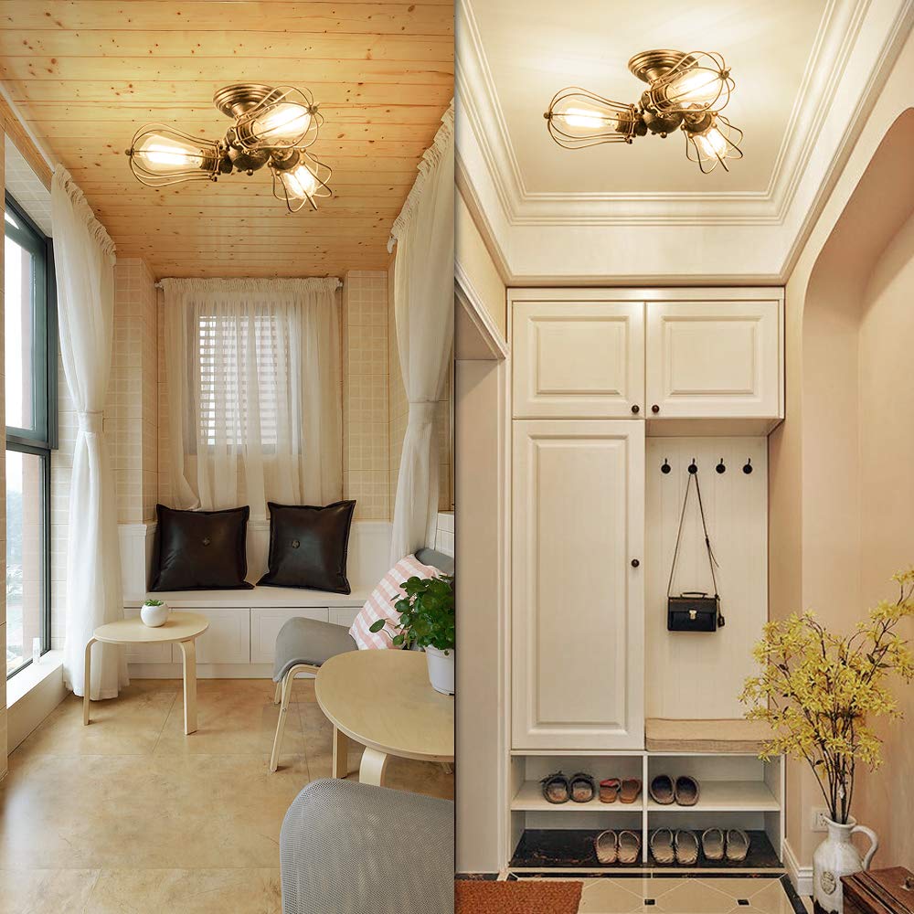 Luling Vintage Ceiling Light Industrial, Adjustable Socket Metal Wire Cage Lamp Semi-Flush Mount Rustic Ceiling Light Metal Lamp