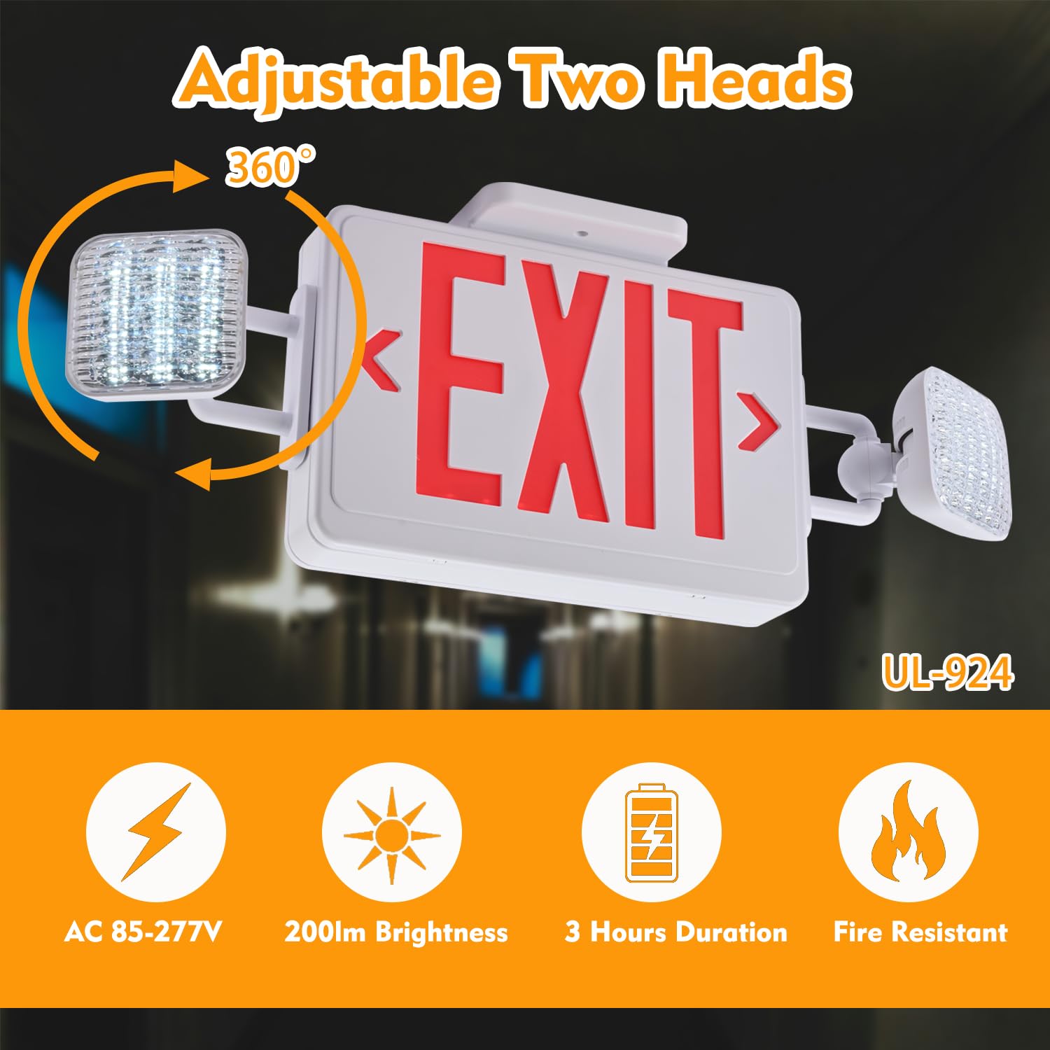 Apmeetlux Emergency Exit Sign - Red LED Lights, 200lm, 3-Hour Battery Backup, Double Face, White Housing, Model EMGT05-EXIT-R