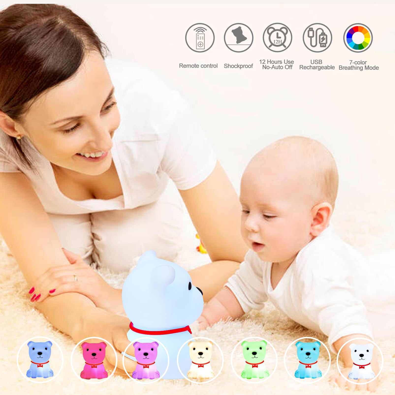 Tremdwoto Dog Night Light - Cute Silicone Lamp with Remote, Dimmable, White, Model Tremdwoto-01, Ideal for Kids Bedroom Decor