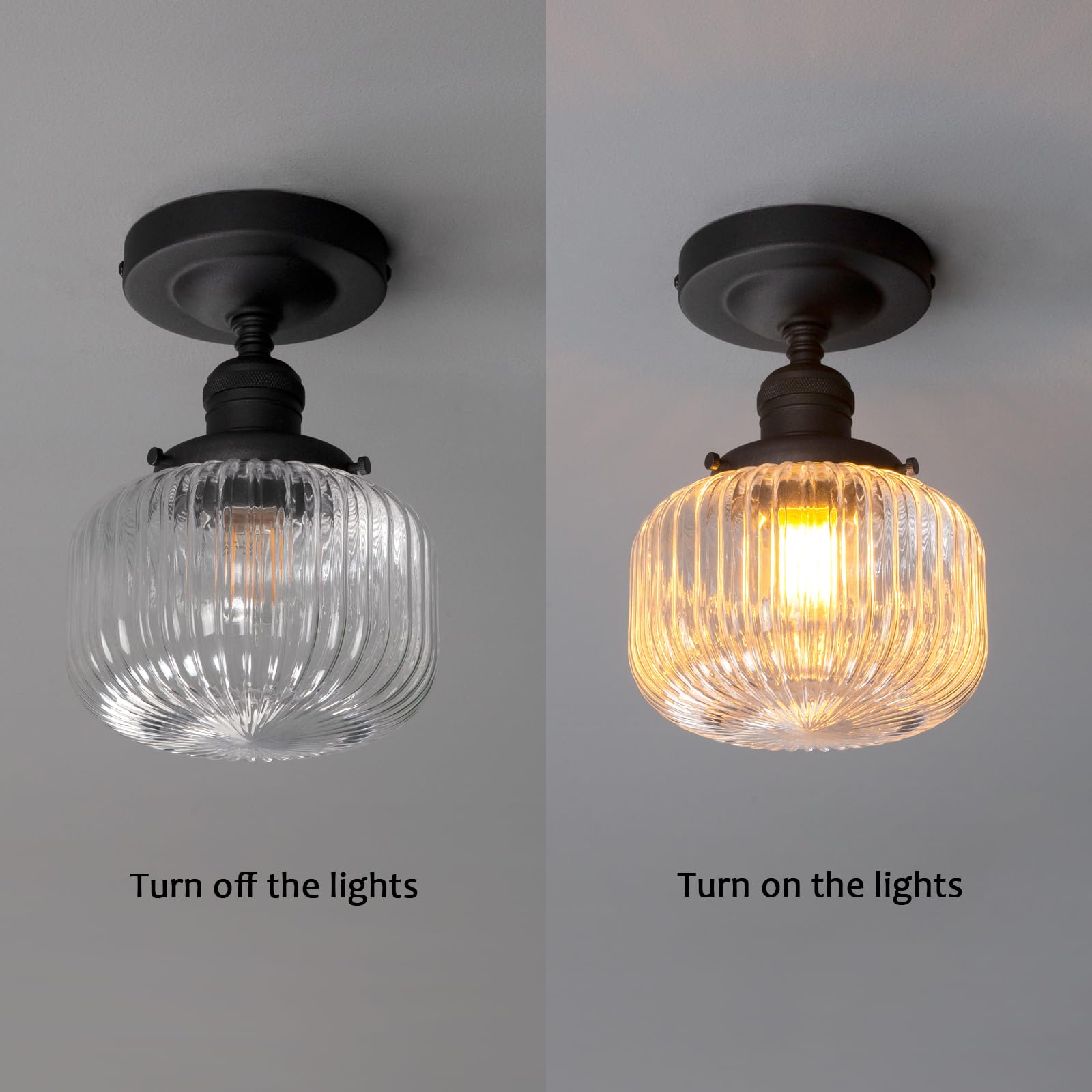 Permo Modern Small Semi Flush Mount Ceiling Light Glass Ceiling Lights Hallway Light Fixtures With Flate Ribbed Glass Lampshade,