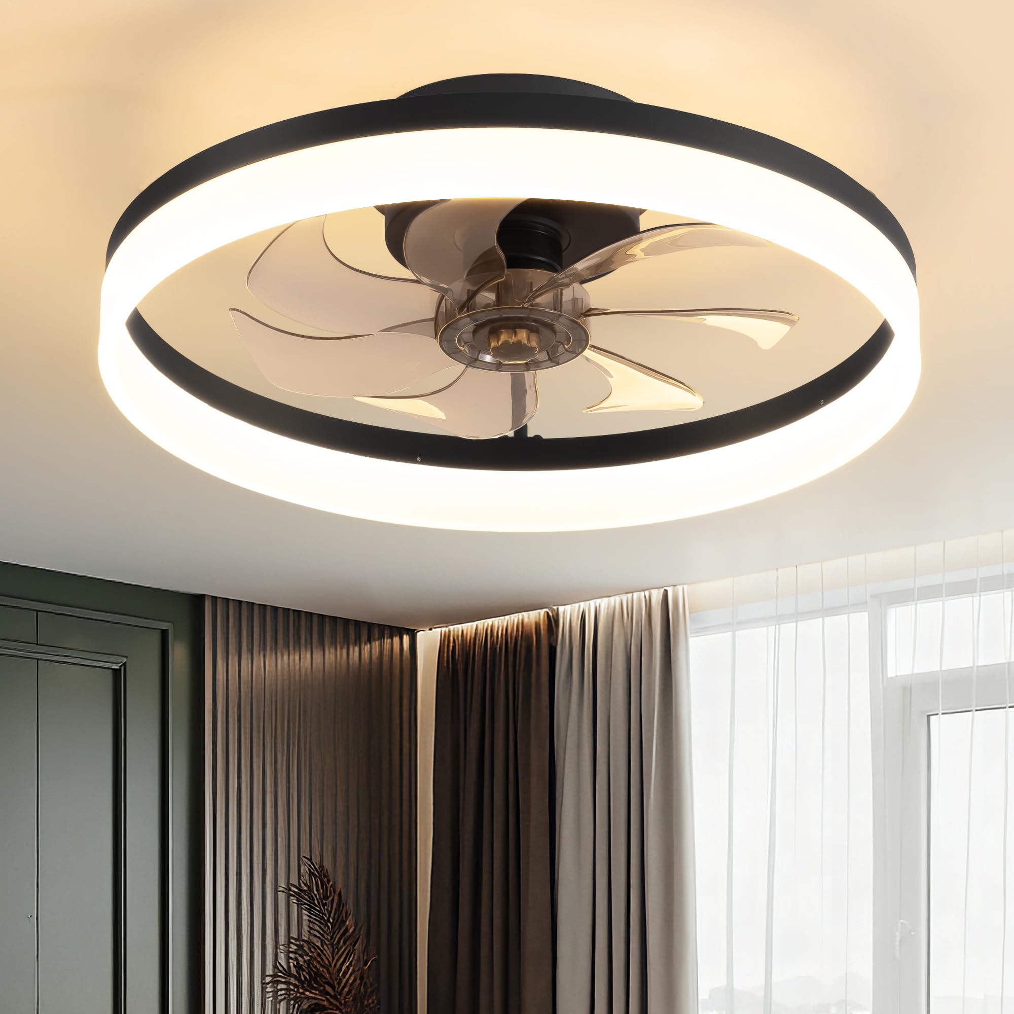 PUSU 15.8 Low Profile LED Ceiling Fans with Light  Reversible Flush Mount with Remote and 6 Winds Speeds Fan Lighting  3 Colors Dimmable for Bedroom  Garage  Kids  Dinning Room  Kitchen (White)