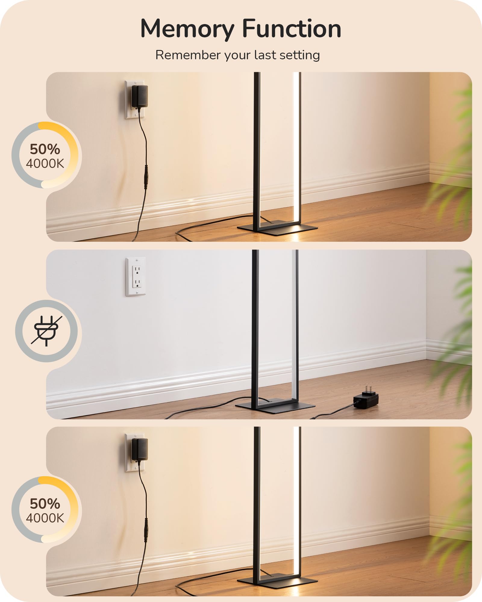 EDISHINE LED Floor Lamp, 55" Modern Dimmable Corner Light, Remote & Foot Switch, Black, Aluminum, Model HFLCD1B