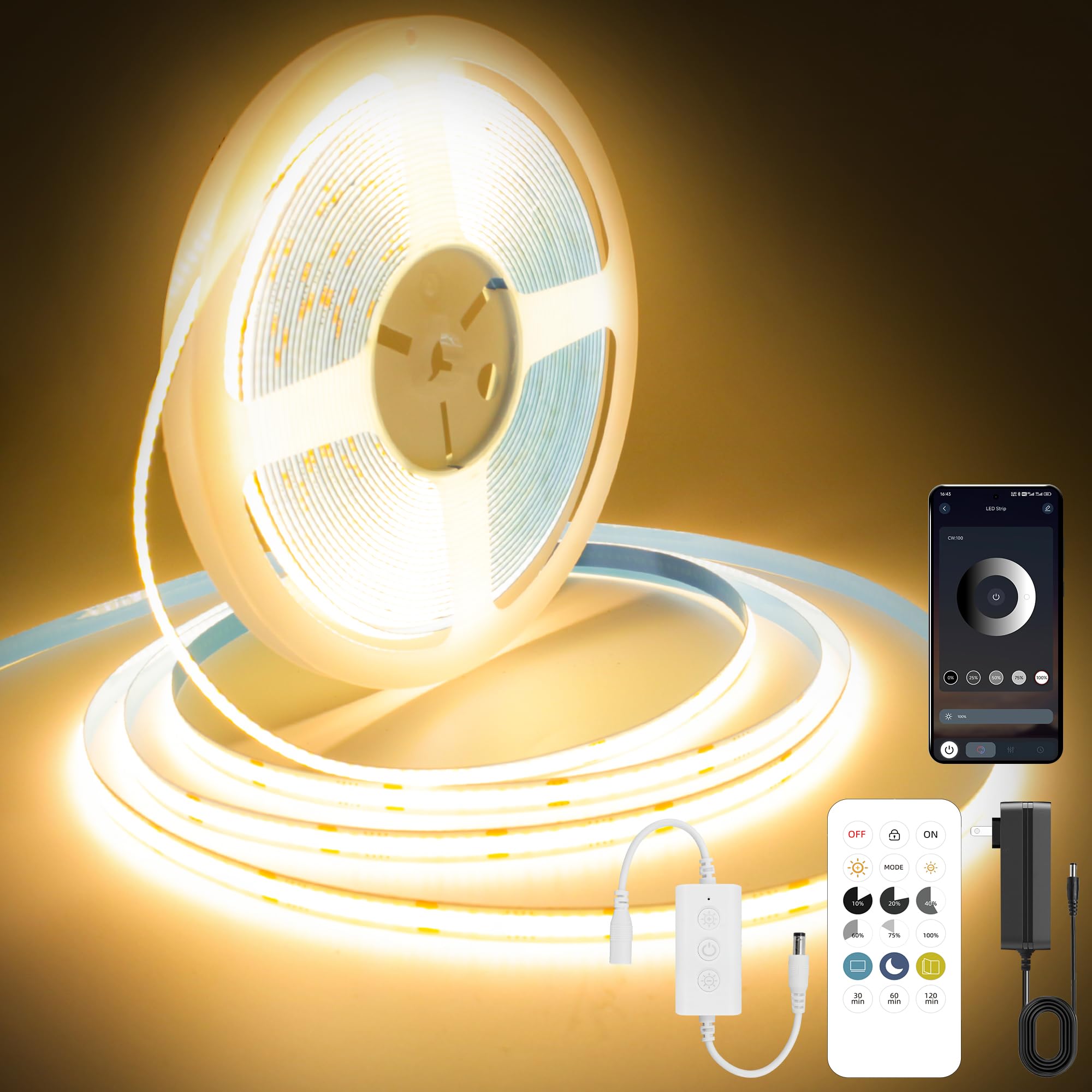 Pandery COB LED Strip Lights, 24FT Dimmable, Warm White 2700K, Flexible Cuttable, Model PD-COB-24V, FPC+CHIPS Material