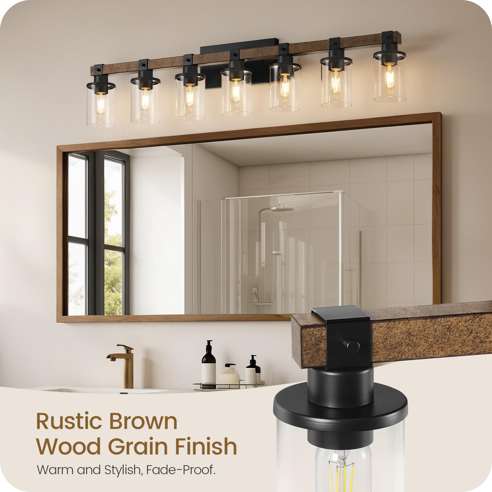 GOEBLESON 7-Light Bathroom Light Fixture, Rustic Metal Vanity Lights, F16BD05, Glass Shade, Rustic Brown + Black