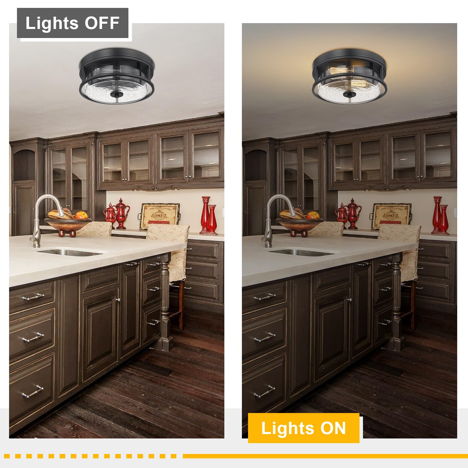 Luminzone 2-Light Flush Mount Ceiling Light, Farmhouse Industrial Black Finish With Seeded Glass Ceiling Lamp, Modern Ceiling Li