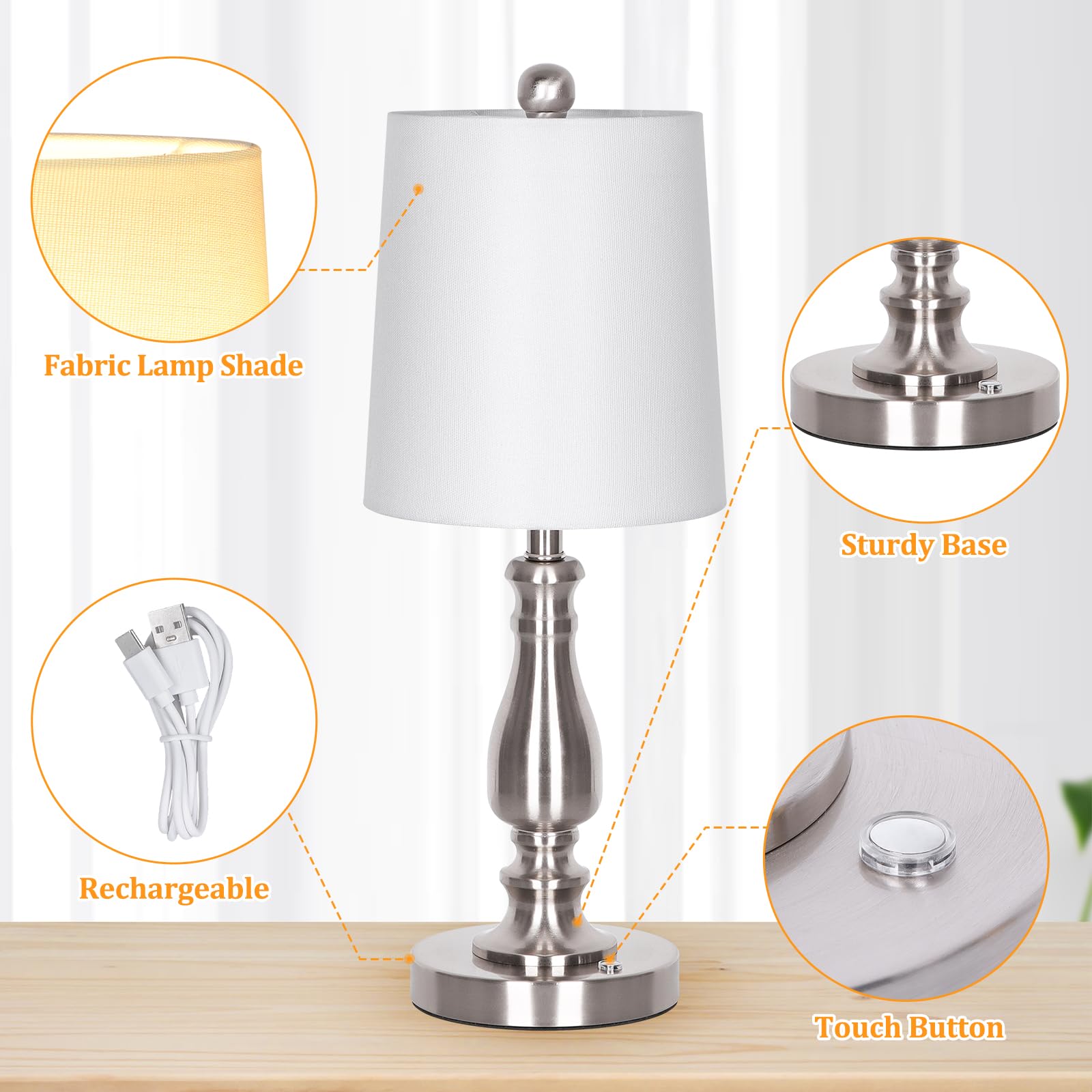 Dott Arts Cordless Table Lamp Set of 2, 3-Way Dimmable, Nickel, Battery Powered, Modern Design, Model BTL4W-019