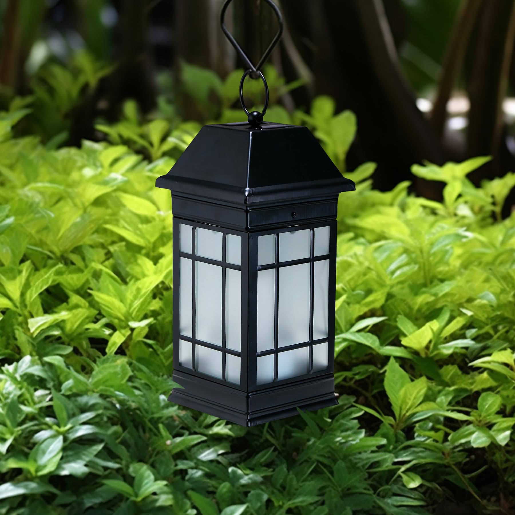 anyperfect 14" Solar Lantern - Waterproof Glass Flickering Flame - Black02 - Model DL02B - Hanging Decorative Light for Patio & Garden