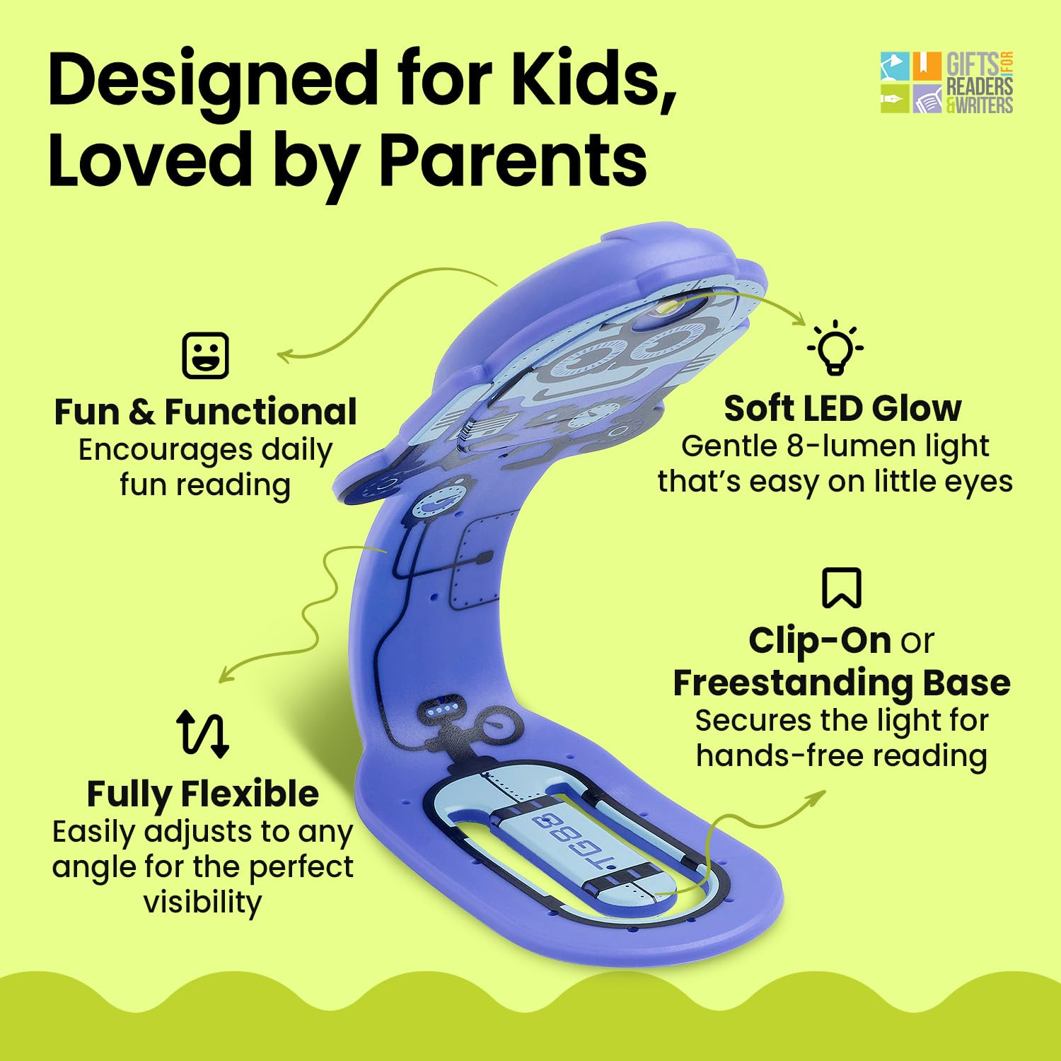 Gifts for Readers & Writers Bookmark Reading Light Robot Purple - 2in1 Clip On Bookmark Kids Book Light for Reading Night in Bed