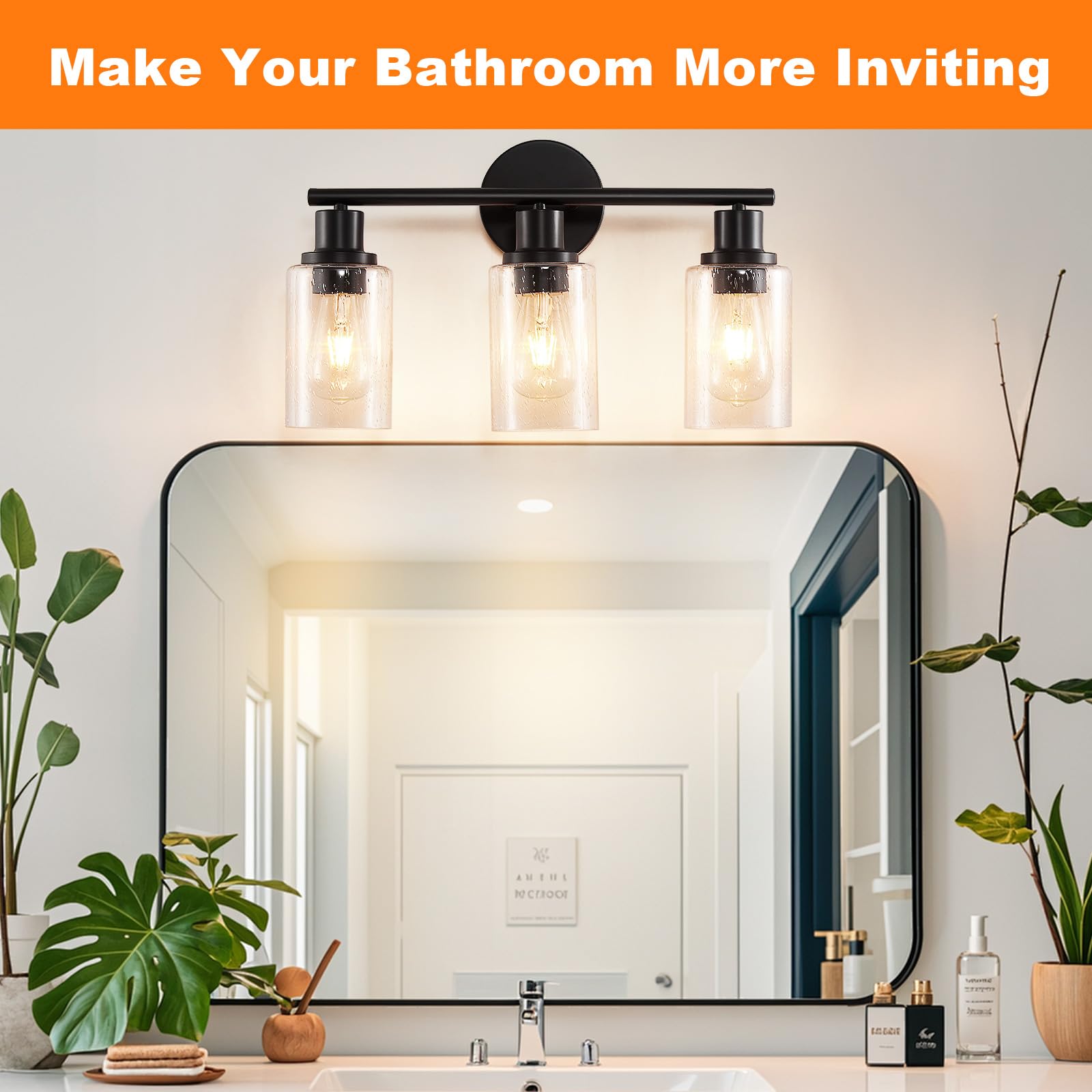 Dllt 3-Light Bathroom Light Fixtures: Black Modern Vanity Lights With 3 E26 Bulbs - Bubbled Glass Shade Bathroom Wall Lamp For M