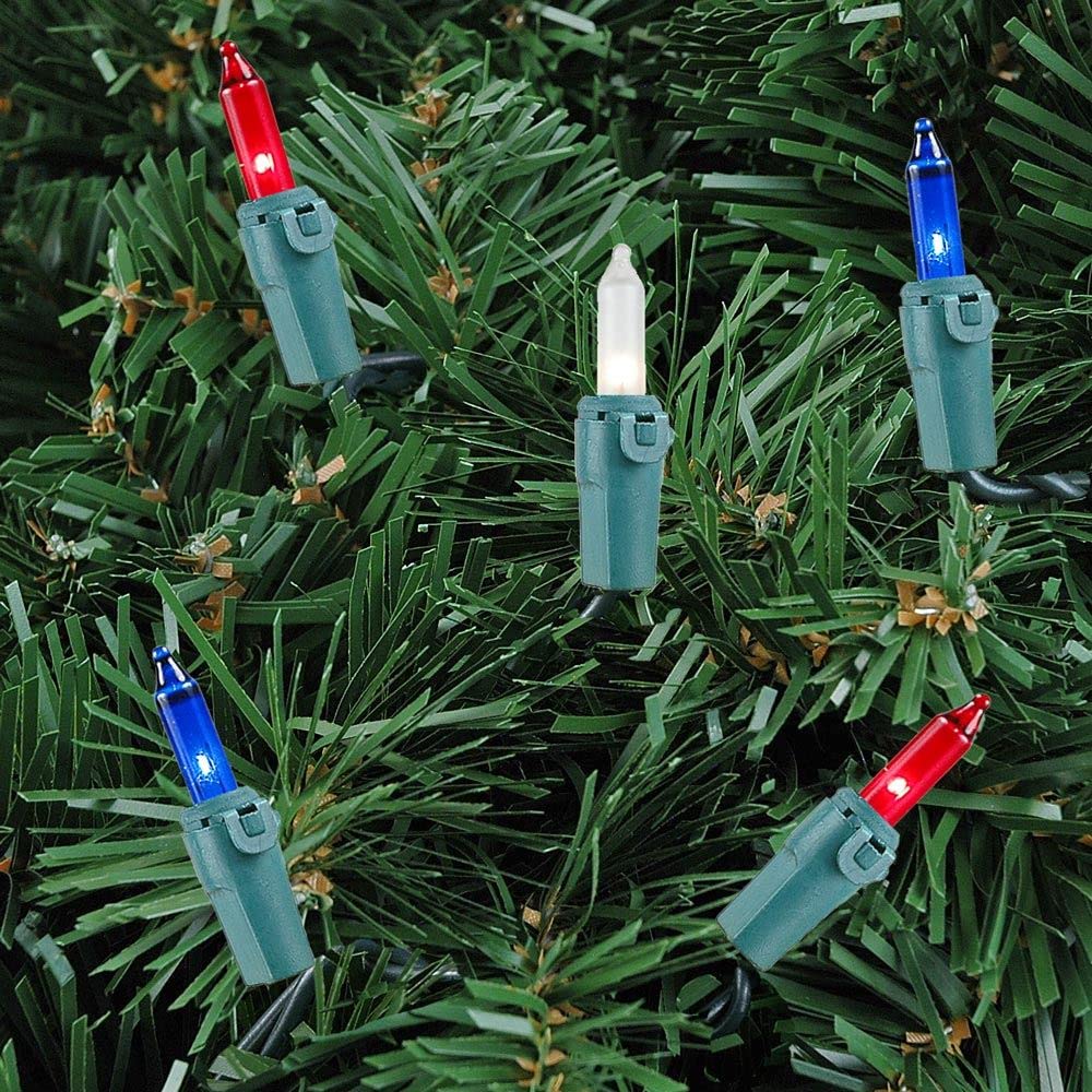Novelty Lights 100 Light Mini String Light Set, 50 Long, UL Listed, Green Wire, Red/White/Blue, Model MRD-25B-4, Indoor/Outdoor