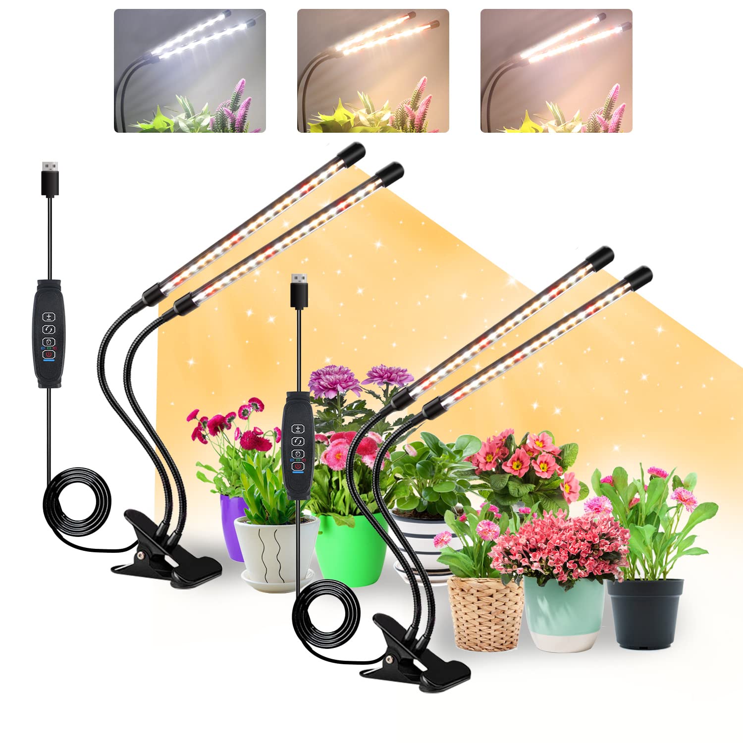 SDOVUERC Grow Lights for Indoor Plants, Full Spectrum LED, 4 Heads, Aluminum, TL-8WRG, 2 Pack