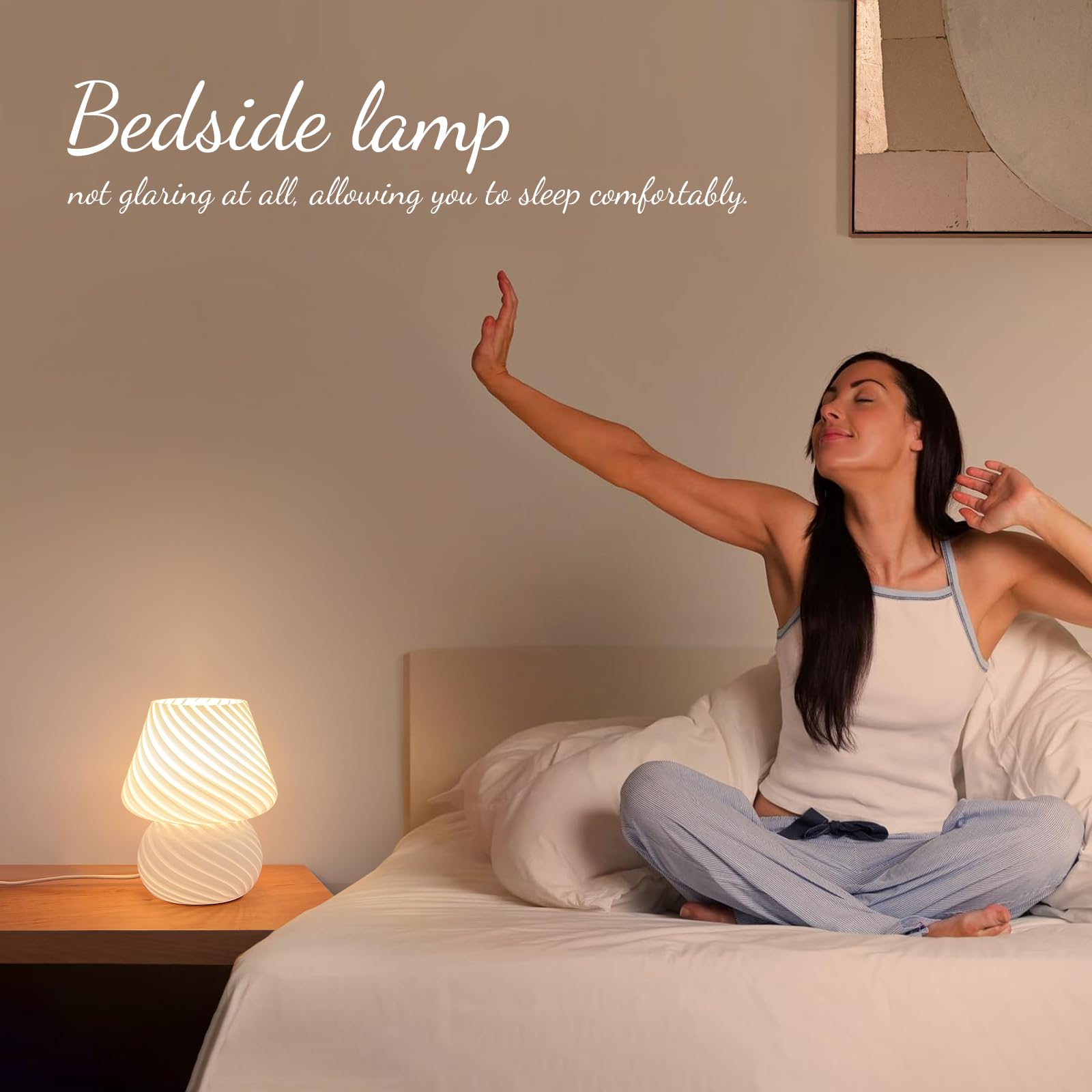Onewish Mushroom Lamp-Small Bedside Table Lamp With Striped Glass, Nightstand Lamp For Bedroom, Living Room, 3000K E26 Bulb Incl