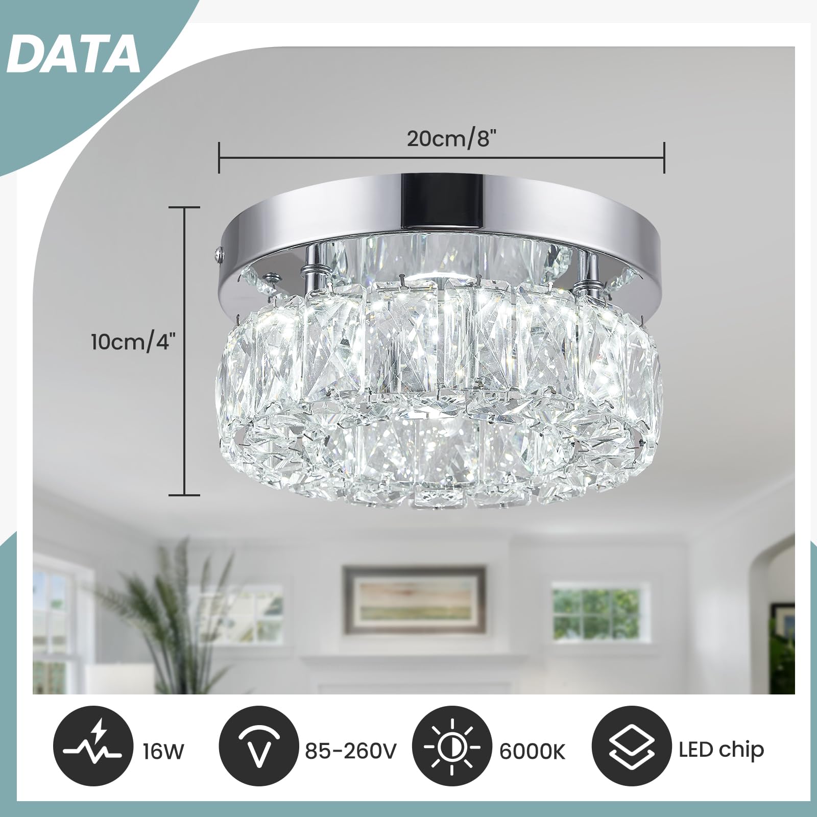 7.9 Inch Modern Mini Crystal Chandelier Led Flush Mount Ceiling Light - 16W 6000K Cool White, Round Crystal Lamp For Hallway, Ki