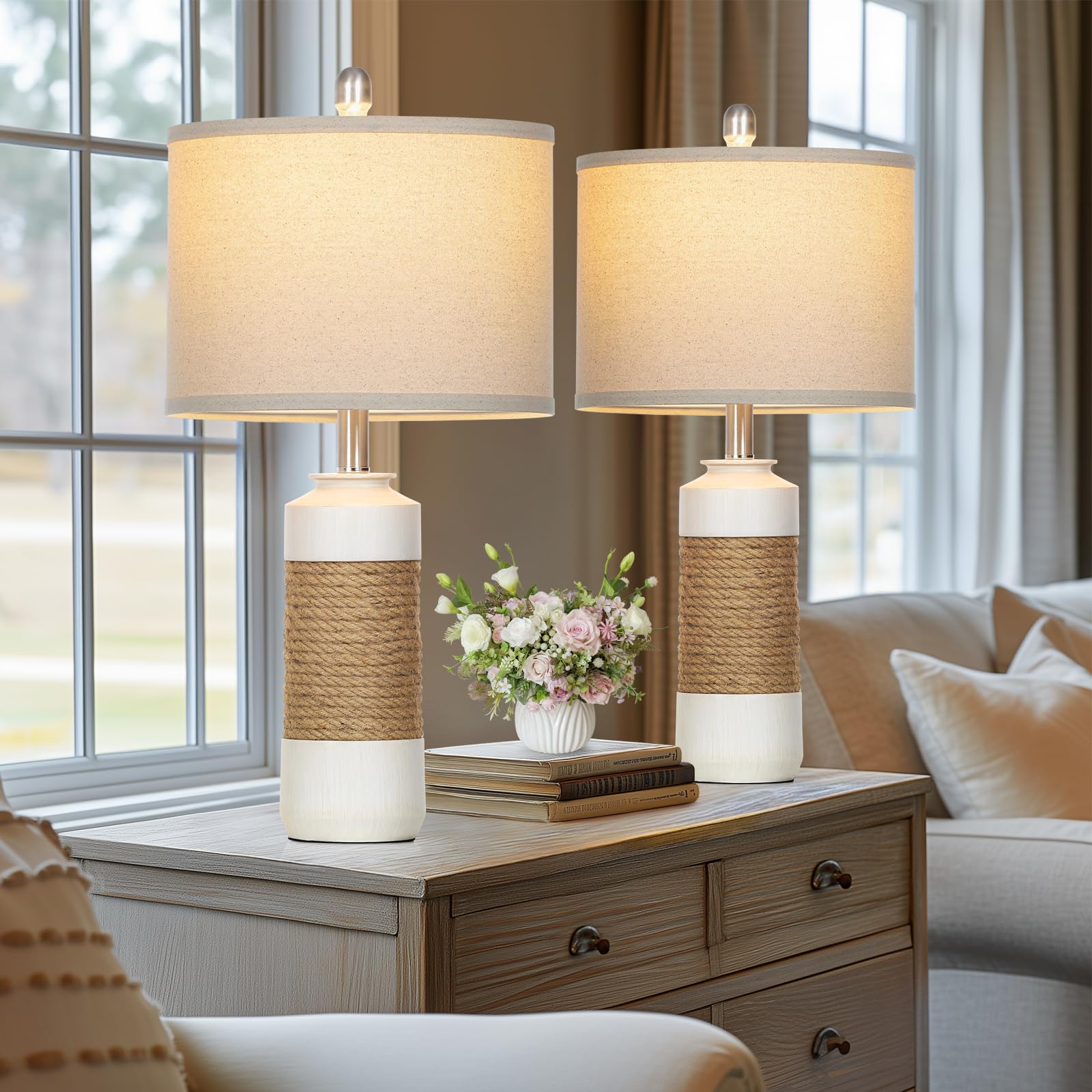Cinkeda Boho Table Lamps For Bedroom Nightstand 25.5'' Farmhouse Bedside Lamp Set Of 2,Rattan Lamps Cottage Lamps For Living Roo
