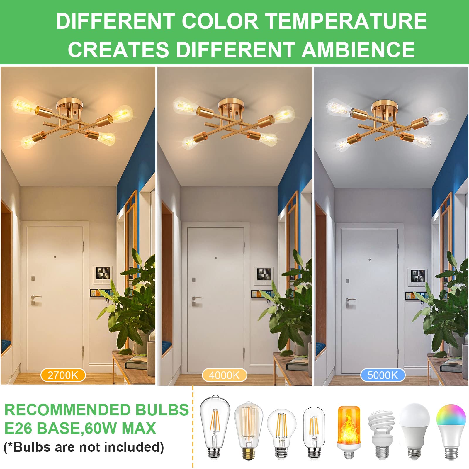 Sunrider 2-Pack Industrial 4-Light Semi Flush Mount Ceiling Light Fixture, Farmhouse Lighting Brushed Golden, Indoor Gold Retro