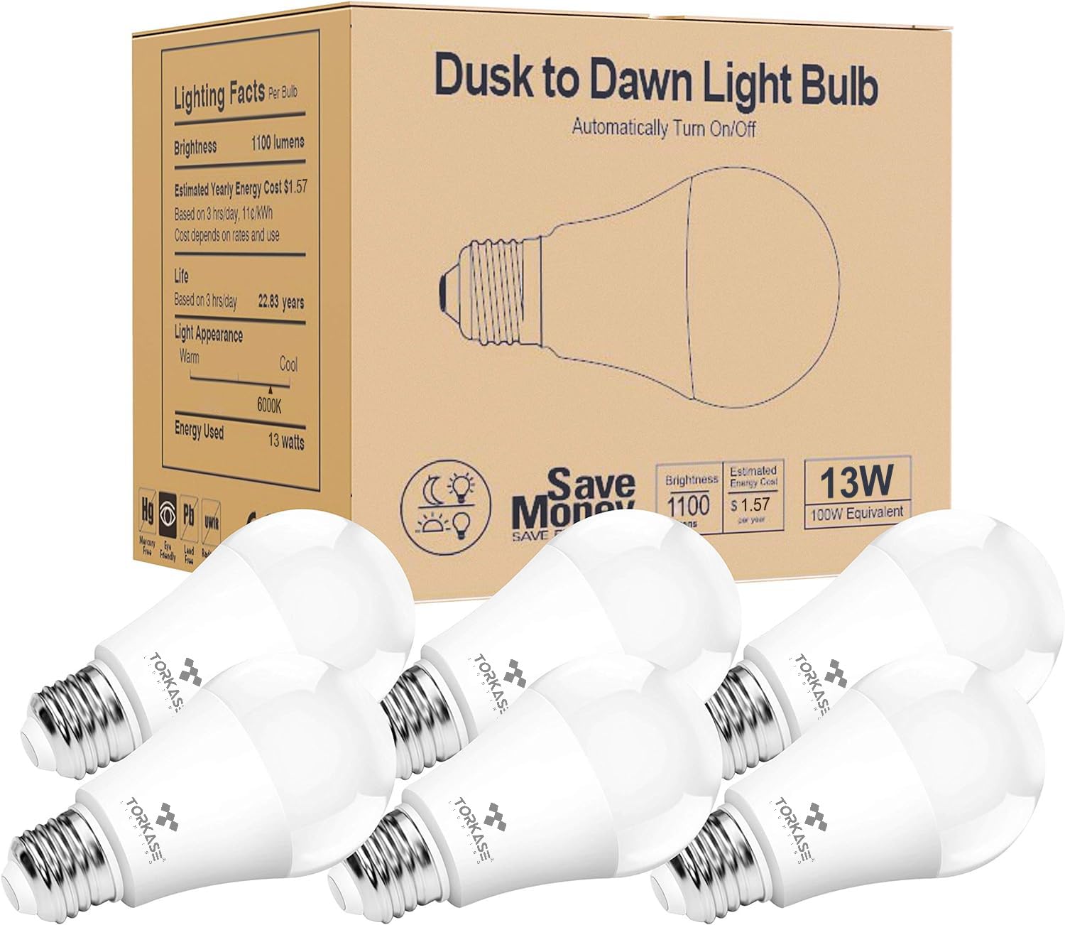 Torkase Outdoor Dusk to Dawn Light Bulbs, Smart Sensor LED Lighting Bulb 13W(100W Equivalent), E26 6000K,6 Pack Built-in Photocell Detector, Automatic On/Off,for Porch Hallway Garage Boundary
