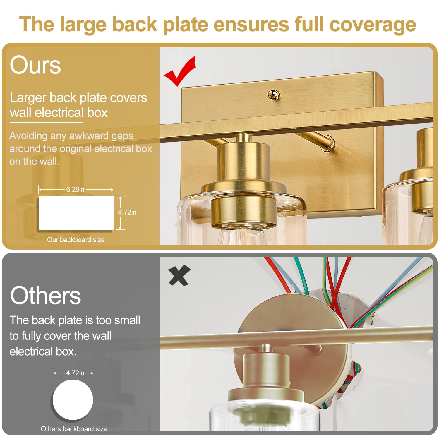 Indoi 3-Light Vanity Light Fixtures, Brushed Gold, Glass Shades, Model YX-032H, Modern Bathroom Wall Lamp