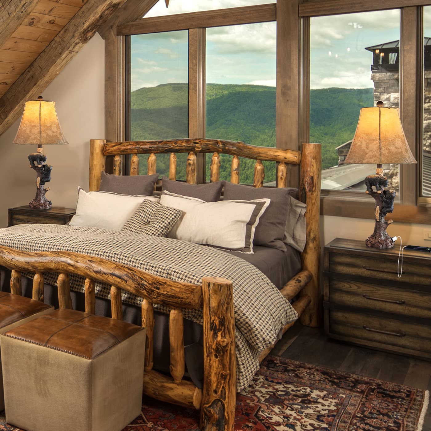 LOKHOM 26 Rustic Climbing Bears Table Lamp Set of 2 with USB & Type-C Charging Port, Brown - Perfect for Bedroom, Living Room, Office