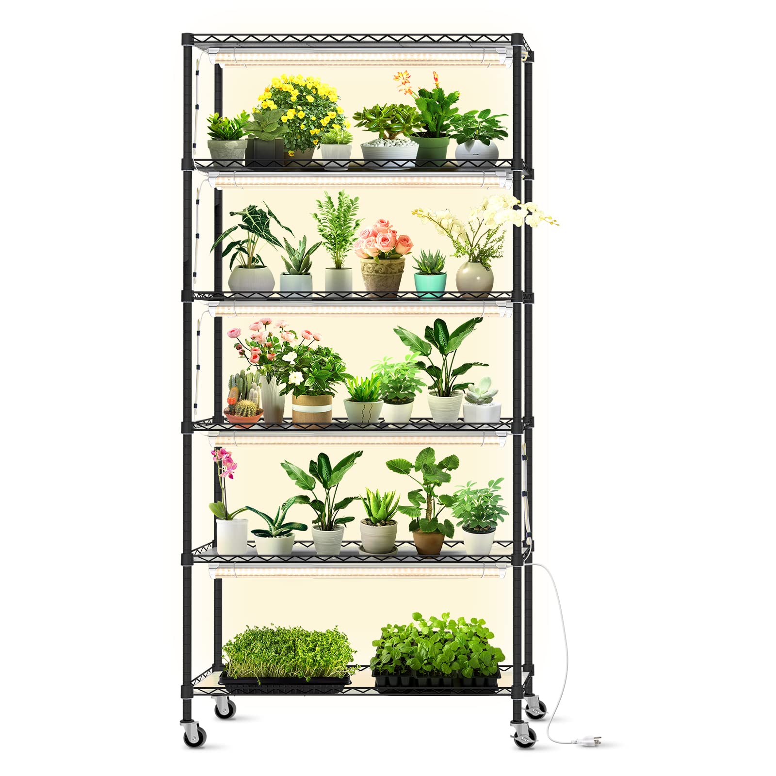Bstrip Diy Plant Shelf With Grow Lights, Grow Light Shelf With Adjustable Rack And Wheels, Plant Stand, 8-Pack 192W T8 3000K Ful