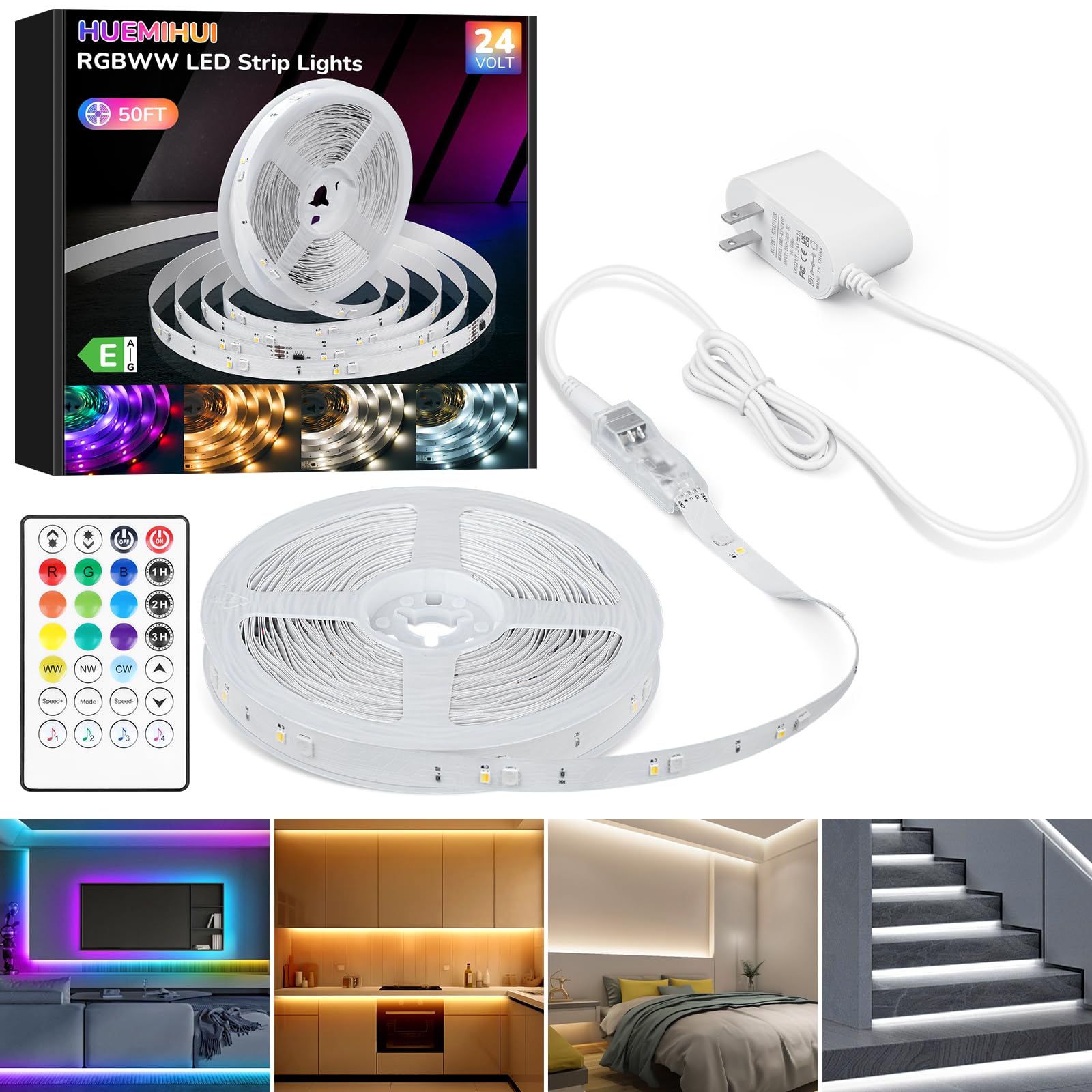HUEMIHUI 50Ft RGBWW+IC LED Band Lights Dimmable Multi-Colored+3000K-6500K LED Lights with Remote Self-Adhesive Color Changing RGB Tape Lights 24V Cuttable DIY Light Band for Home Bedroom Stair-50Ft