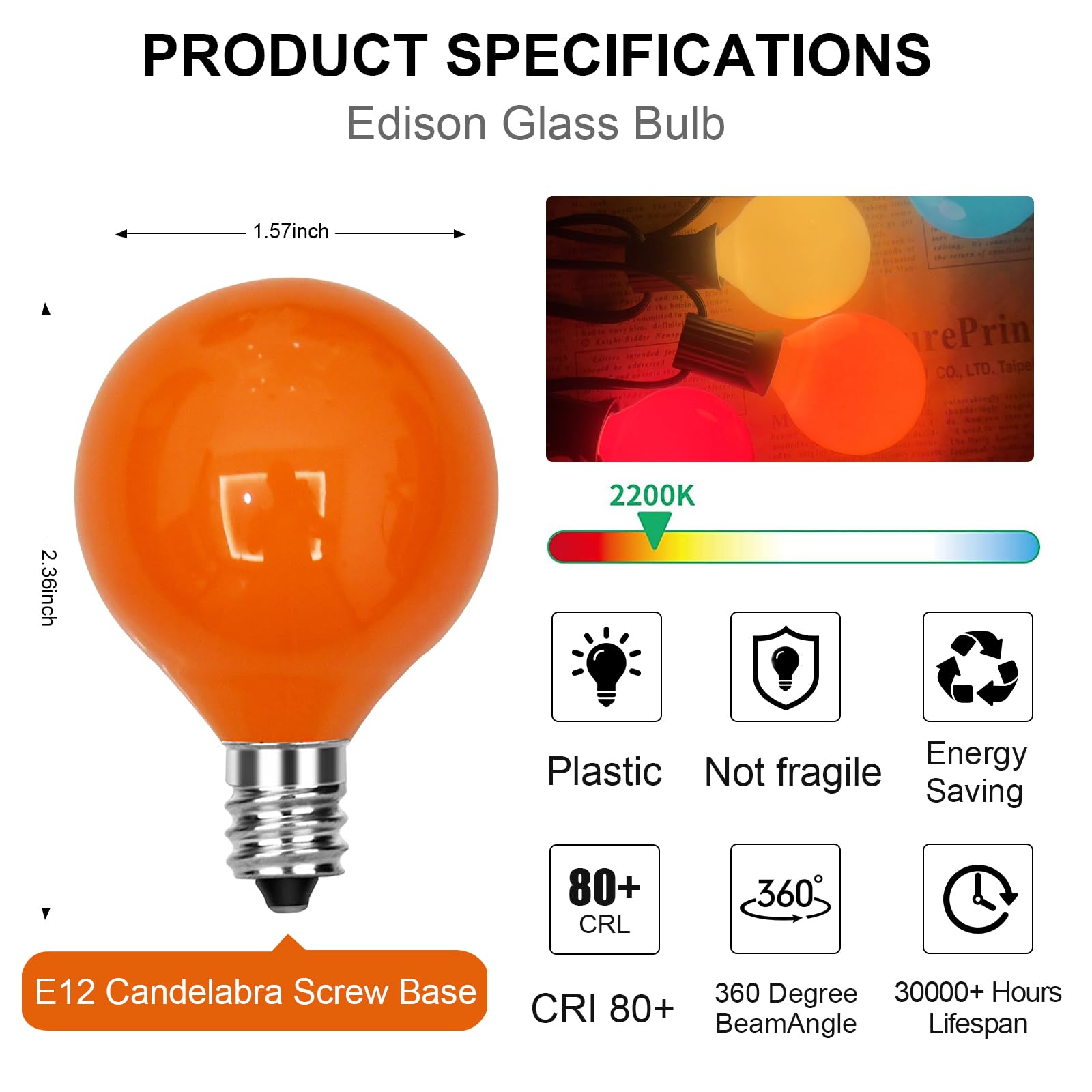GOOTHY G40 Multicolor Ceramic Replacement Light Bulbs, 25 Pack, C7/E12 Base, 5W Incandescent for Outdoor String Lights