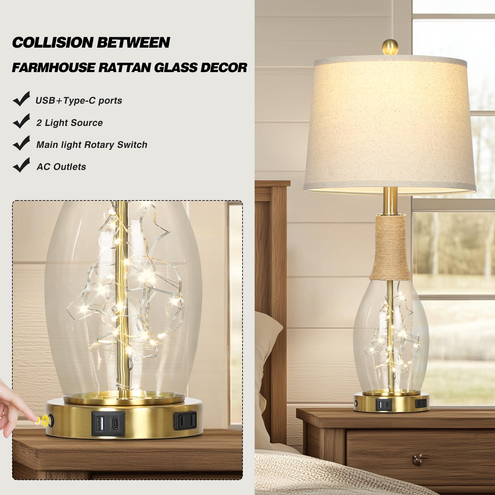 27.5'' Coastal Glass Table Lamps Set Of 2, Touch Control 3-Way Dimmable Modern Table Lamps With Usb A+C Ports & Ac Outlets, Farm