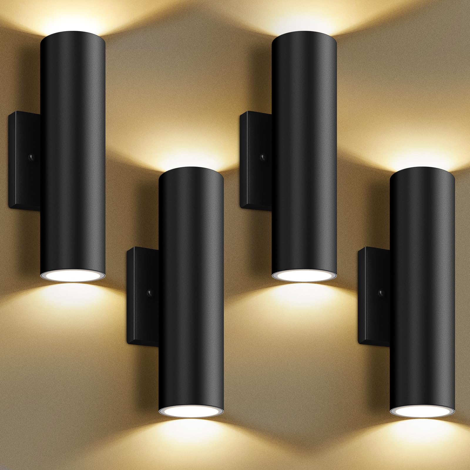 4-Pack Modern Outdoor Wall Light, 12W 3000K LED Cylinder Exterior Light Fixtures with Tempered Glass Cover, Waterproof Up and Do