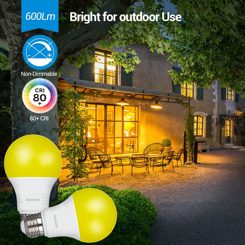 DEWENWILS LED Light Bulbs Outdoor, 9W Yellow A19, 600LM, 2400K Amber Glow, 4 Pack, E26 Base, UL Listed