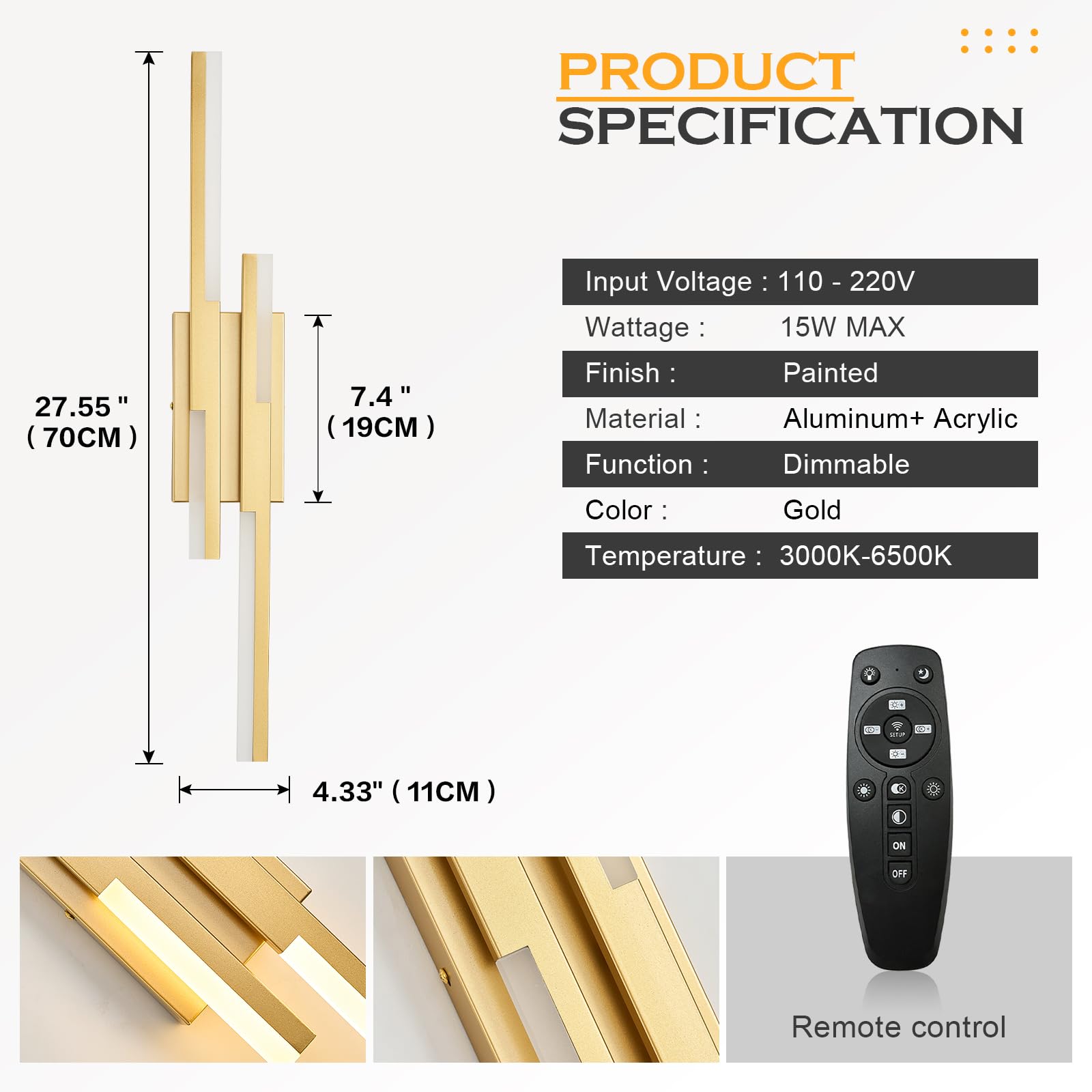 Benkut LED Vanity Lights Set of 2, Gold Wall Sconce, Dimmable with Remote, 27.6 inch, Aluminum