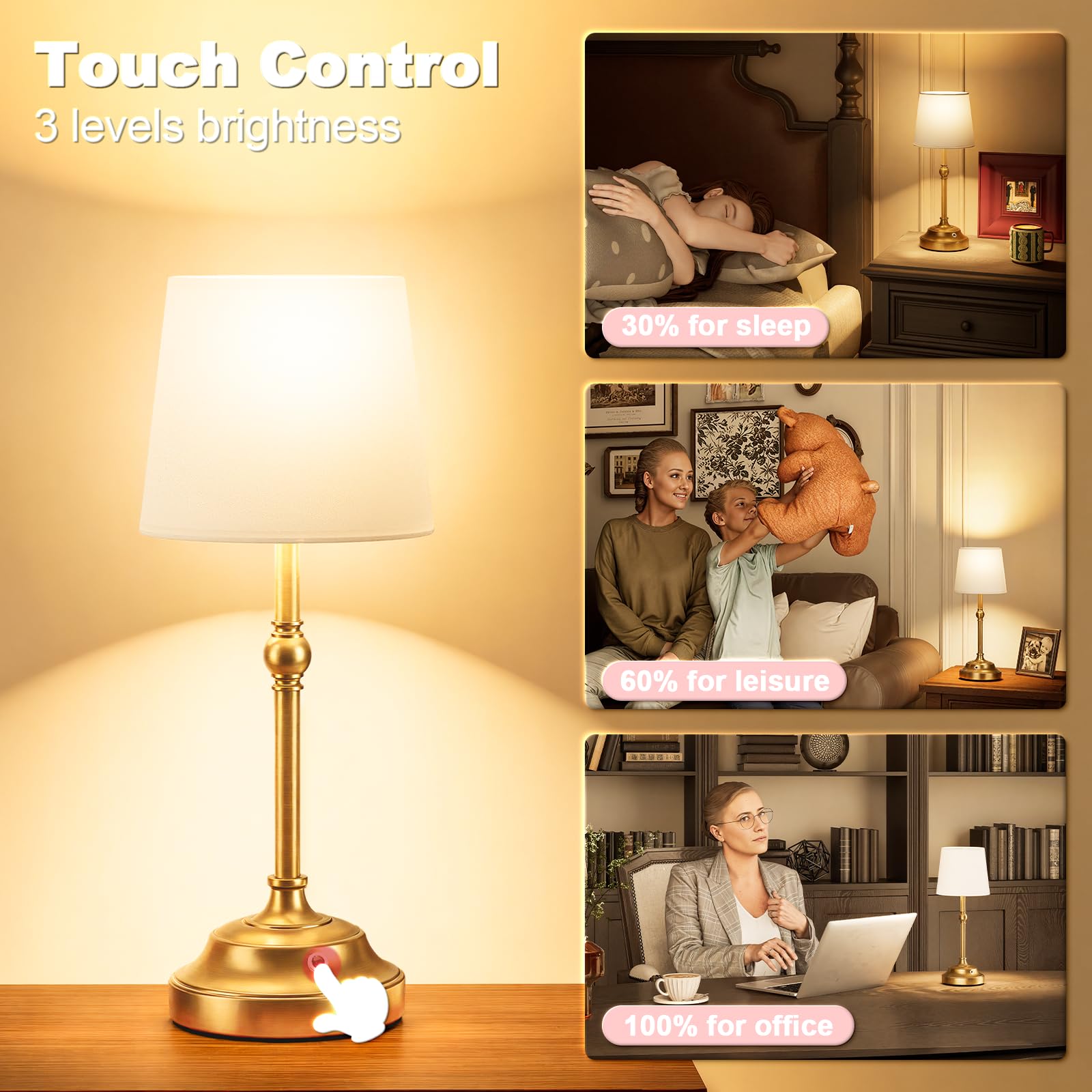 VOLISUN Cordless Table Lamp, Touch Dimmable, 5200mAh Battery, Metal, 1 Pack, Gold, Model 21577ZM