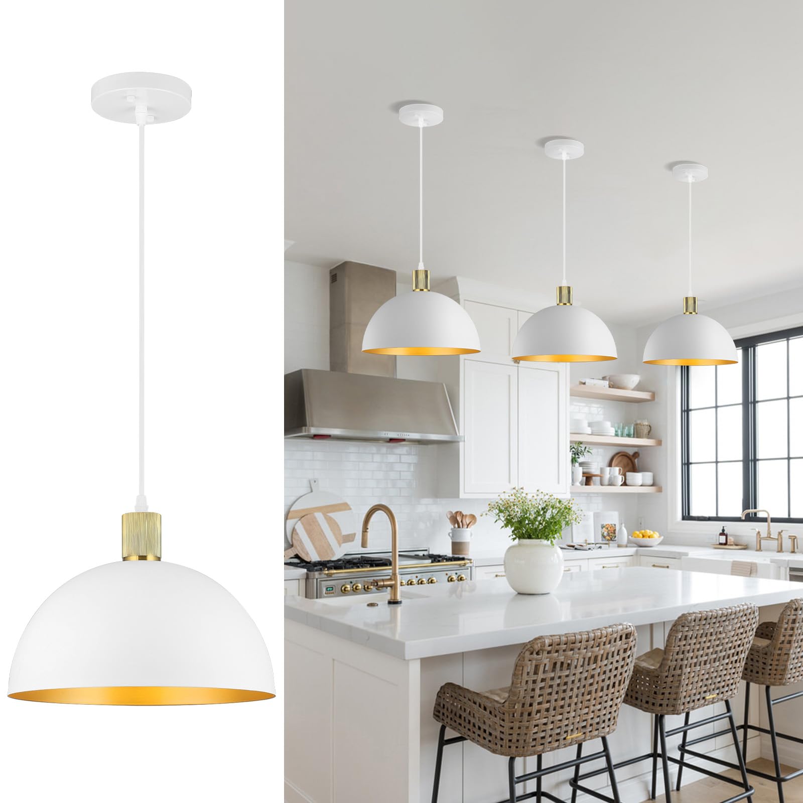 Karjearl White Gold Pendant Lights Kitchen Island  11.8 Modern Dome Pendant Light Fixtures Farmhouse Hanging Lights for Dining Room Hallway Sink Entryway