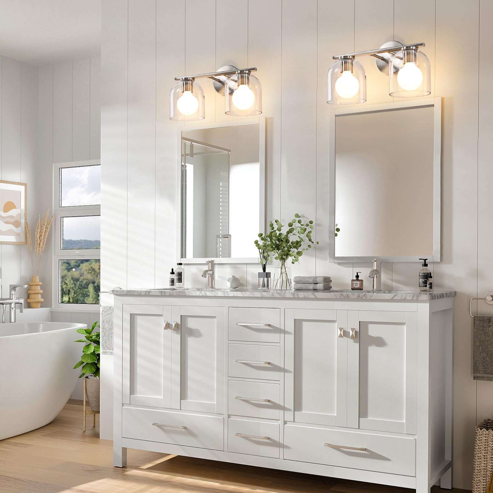 Woshitu Modern Brushed Nickel 14.2 Inch Bathroom Vanity Light Fixtures: 2 Light Sconces With Clear Glass Shade For Above Mirror,