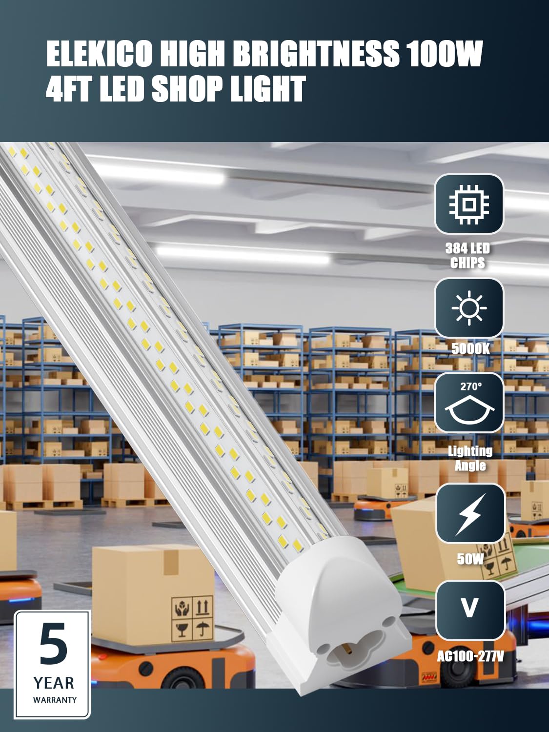 Elekico 4Ft 50W 7200Lm 5000K V Shape 4' Led Super Bright Linkable Shop Lights, Hight Output T8 Led Tube Lights, For Garage 4 Foo