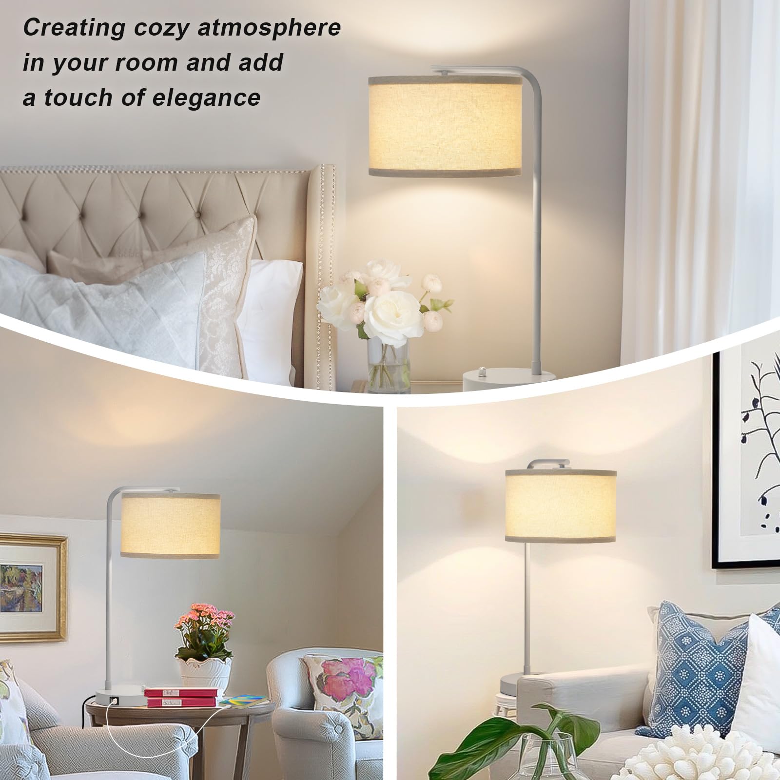 Table Lamp With Usb Ports, Fully Dimmable Nightstand Lamp For Living Room, Modern Grey Bedside Lamp, Tall Table Lamp With Beige