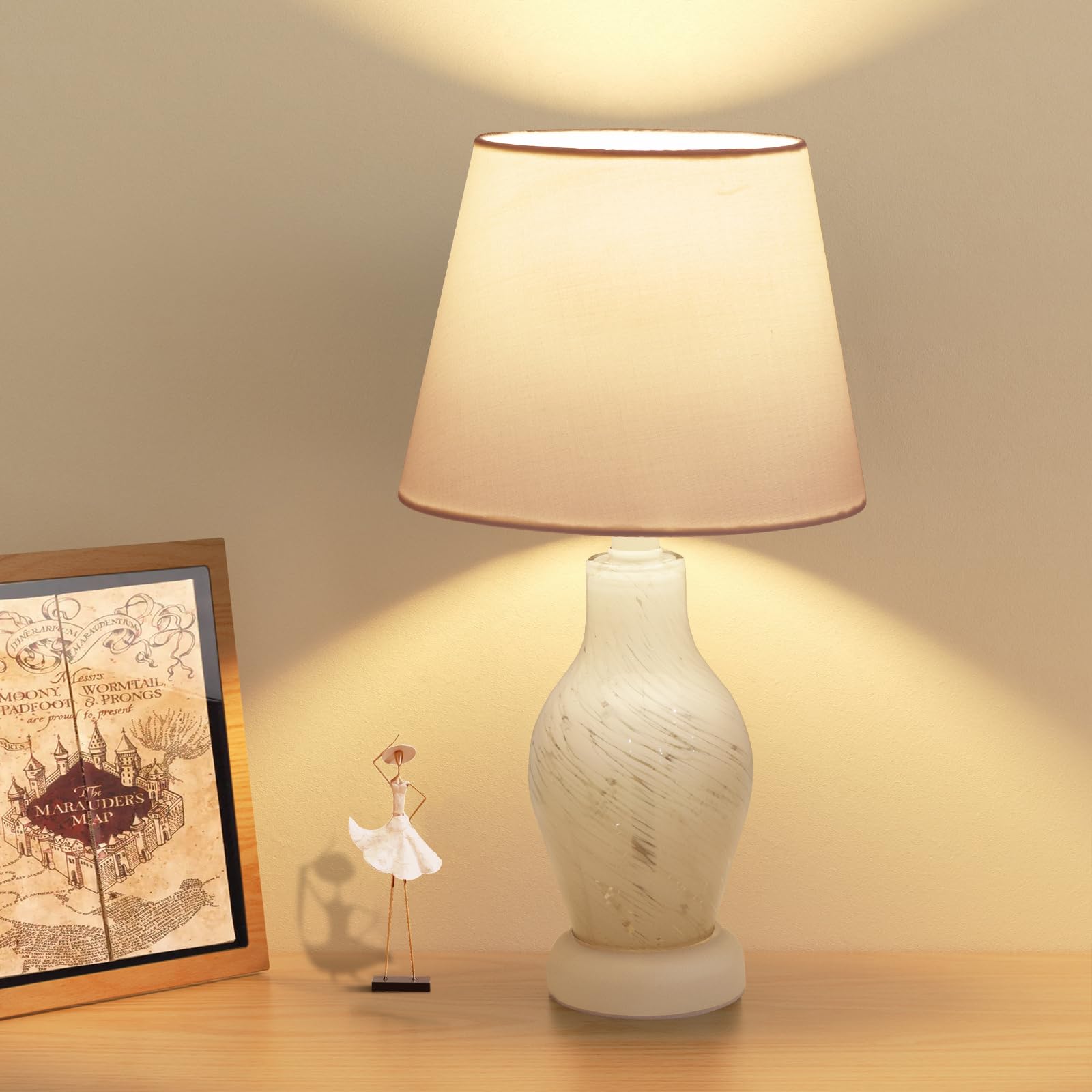 ONEWISH Modern Table Lamp, 14in White, Fabric, Includes 3000K Bulb, Small Bedside Nightstand Lamp, Model 13TAB079