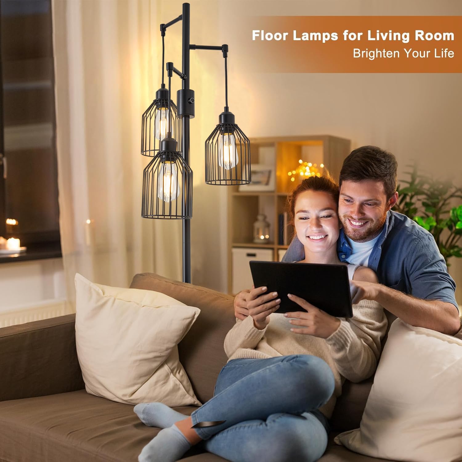 A1A9 Dimmable Floor Lamp, Industrial Style with Hanging Cage, 68.5in Black, 3 LED Edison Bulbs Included, Model NF-22425