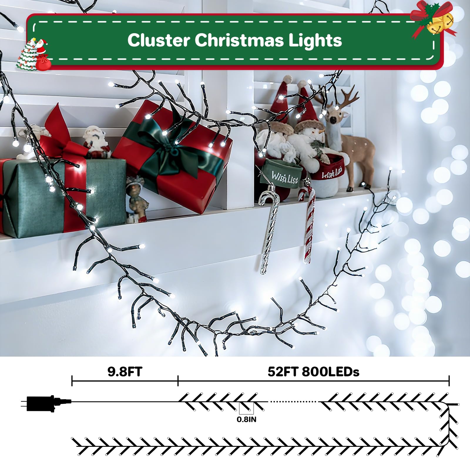 Christmas Cluster Lights Plug-In -52Ft 800 Led Fire ers String Lights 8 Modes Timer Waterproof Twinkle Fairy Lights For Christmas Tree Garland Party (Cool White)