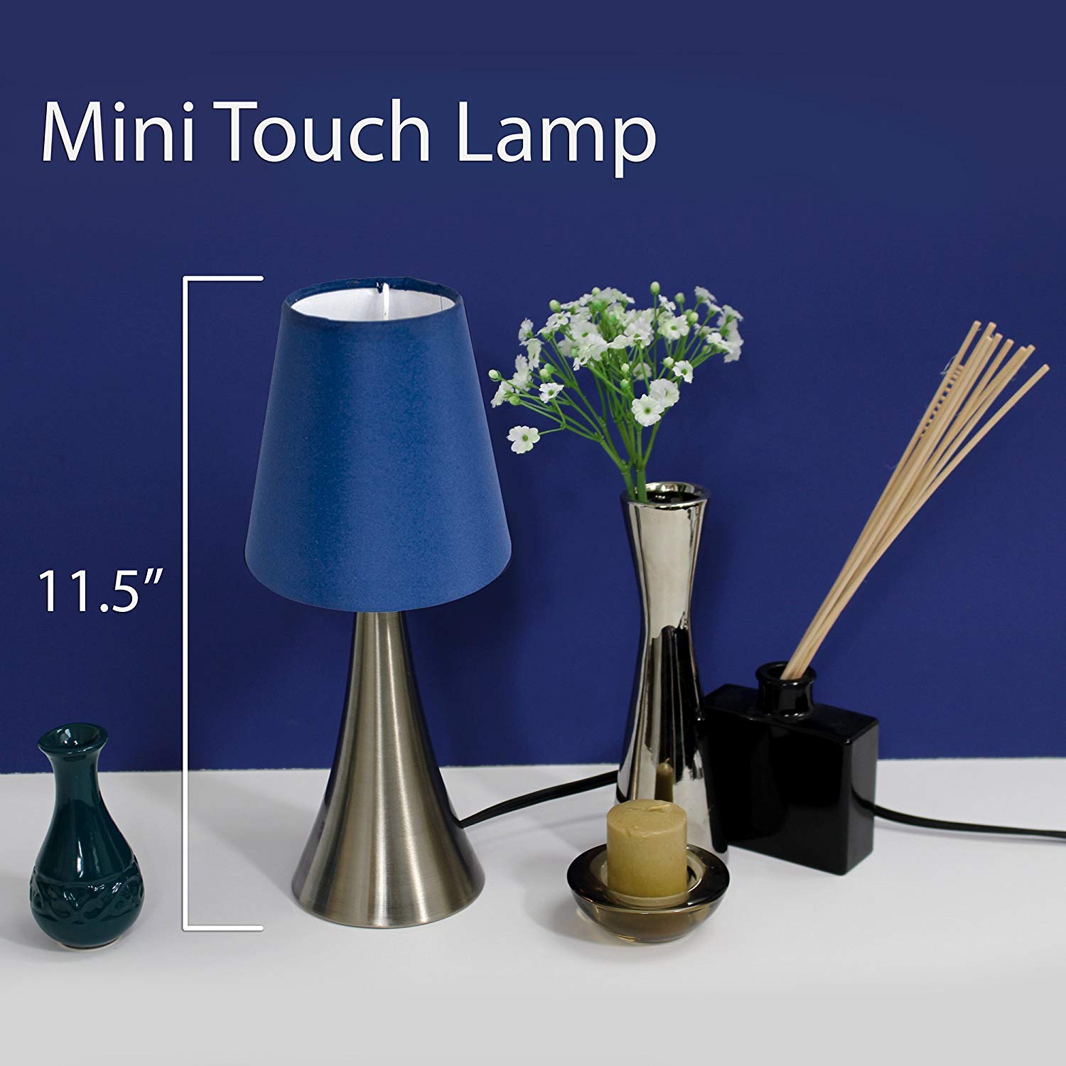 Simple Designs Valencia 2 Pack Mini Touch Table Lamp Set With Fabric Shades Blue