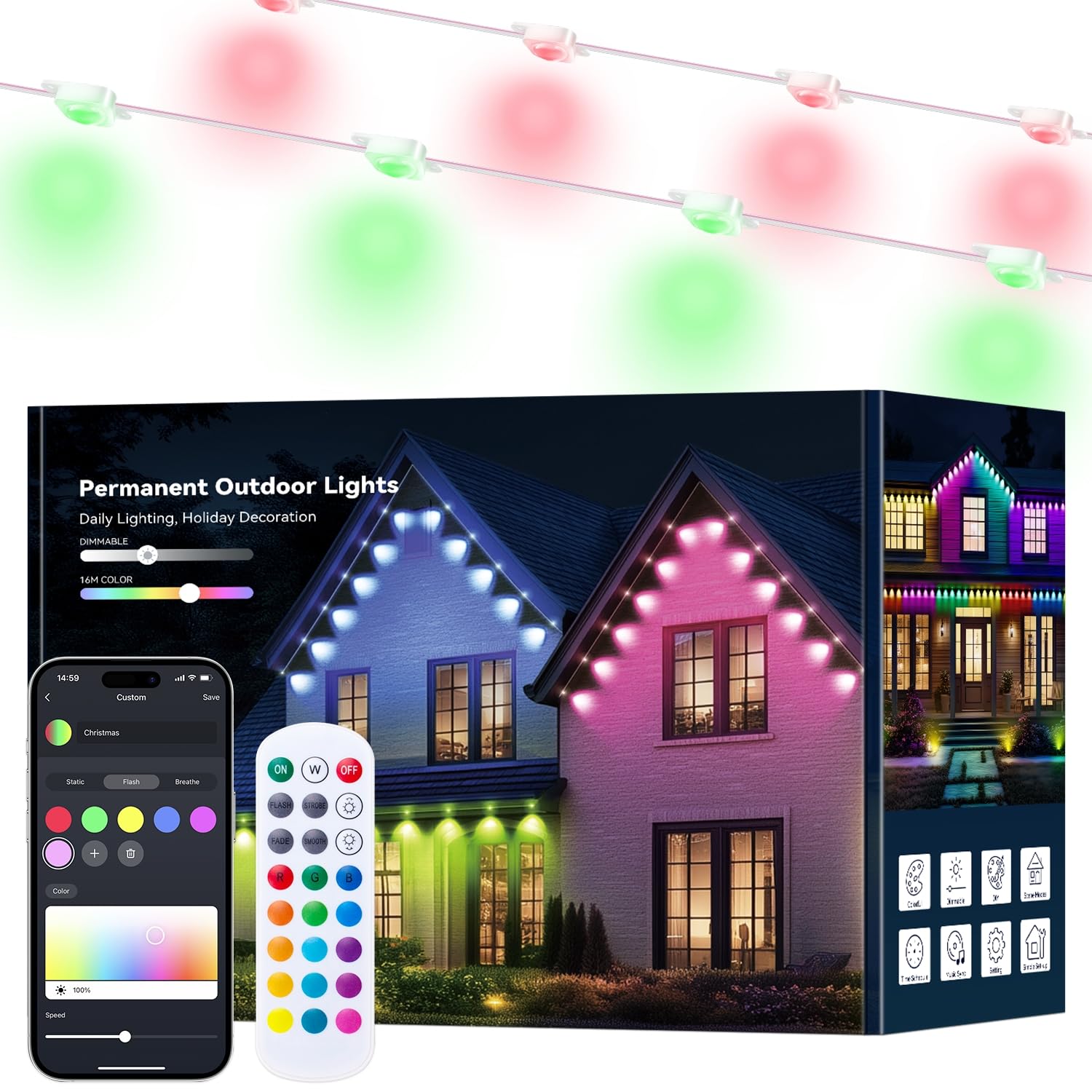 Smart Permanent Outdoor Lights  100FT with 50 LED RGB LED Lights Outside with DIY Colors Scene Modes  IP67 Waterproof Eaves Lights for Christmas Halloween Holiday Party Garden Daily Decorations