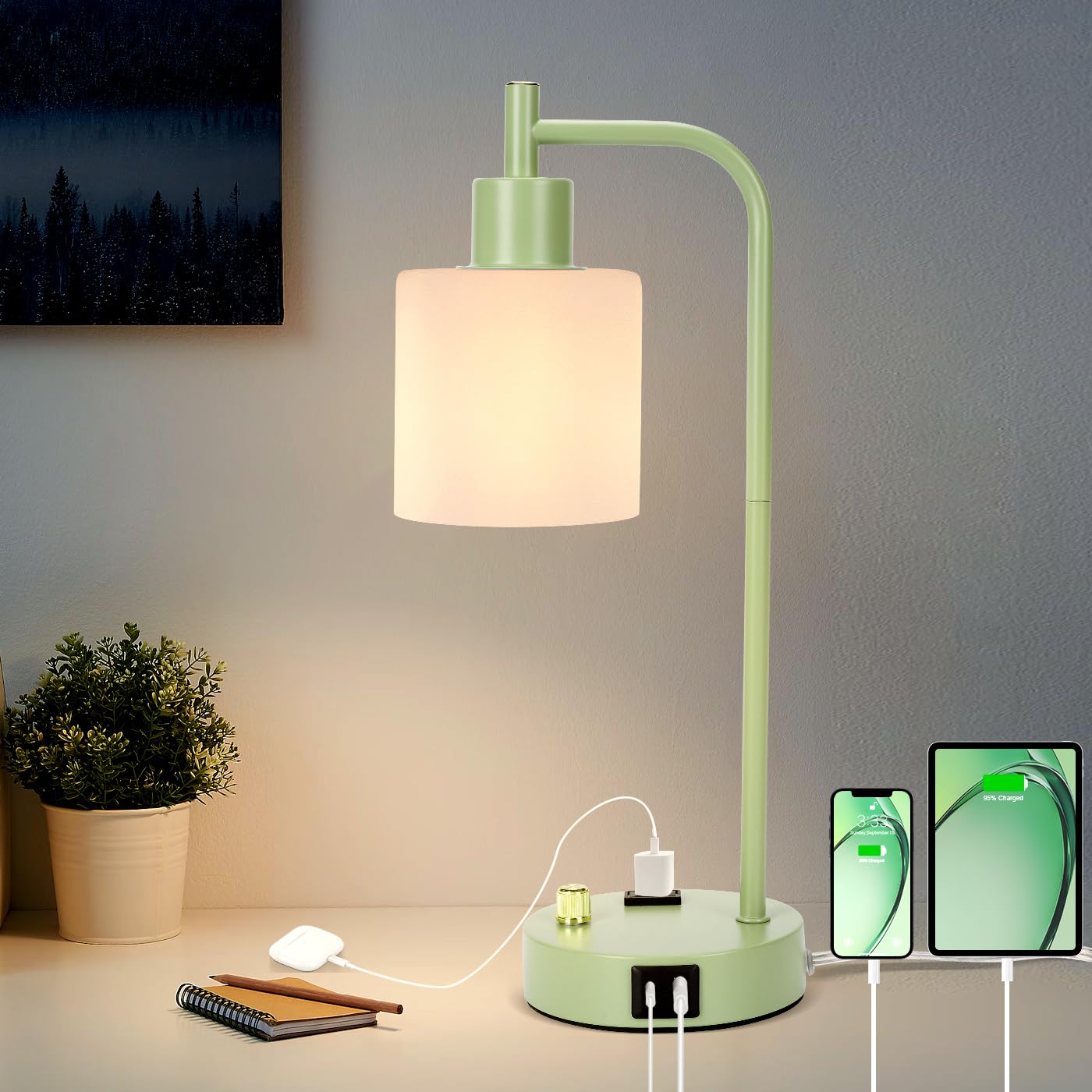 GLITI Industrial Table Lamp Desk Lamp, Stepless Dimmable Desk Lamp with 2 USB Ports and AC Power Outlet, Frosted GlassShade, Eye