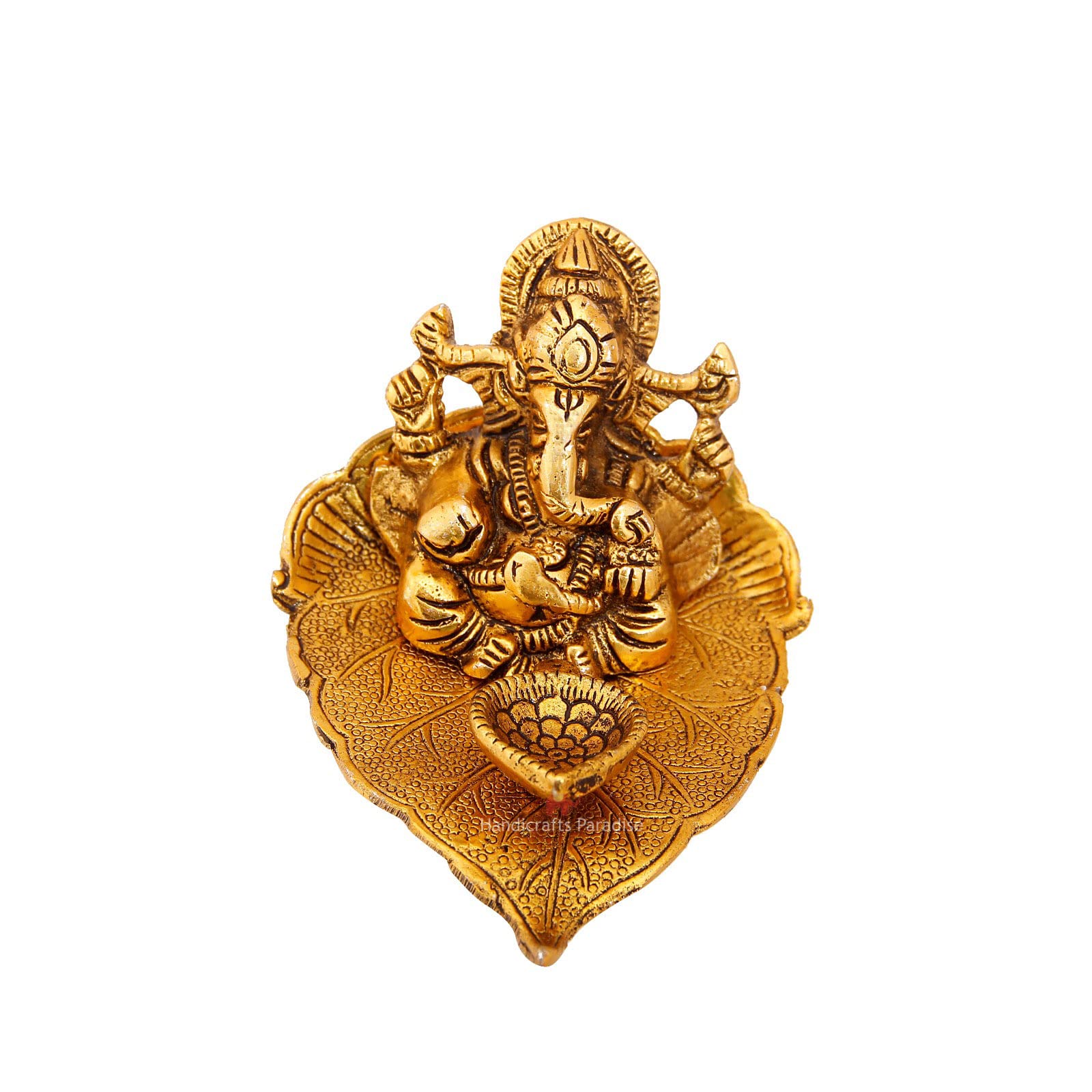 Handicrafts Paradise Diya - Pipal Leaf Shape, Ganesha, Antique Gold Plated, Metal, 4X5 Inches, Golden, Model Oxm18011