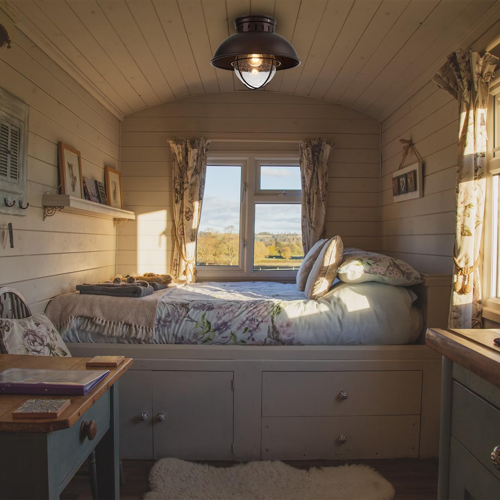 ALAISLYC Outdoor Ceiling Light Farmhouse 10 Inch Flush Mount Ceiling Lights Fixture Oil Rubbed Bronze,Metal Cage Seeded Glass Se