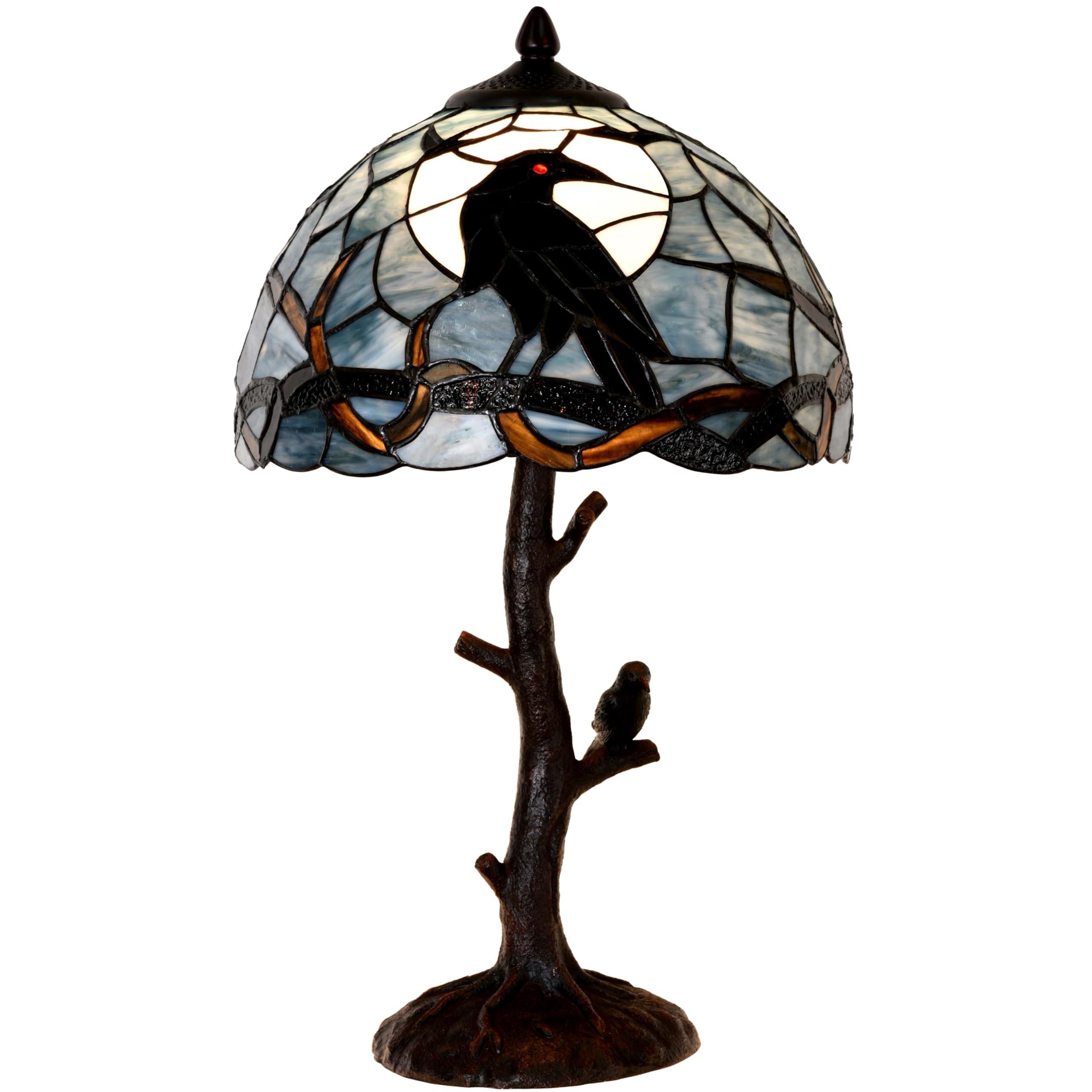 Bieye L10956 Raven Sitting on Bare Tree Branch in Full Moon Night Tiffany Style Stained Glass Table Lamp for Home Decor (Dark Bl