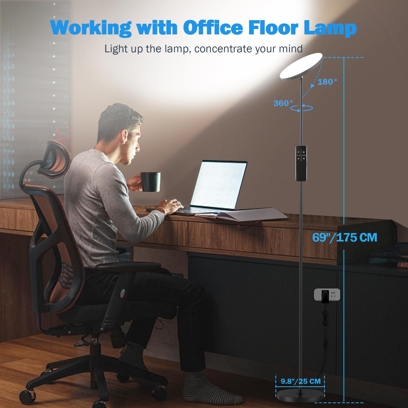 Led Floor Lamp, 3000Lm 30W Super Bright Standing Lamp, 300W Equivalent Modern Torchiere Sky Lamp, 2700K-6500K Stepless Dimming W