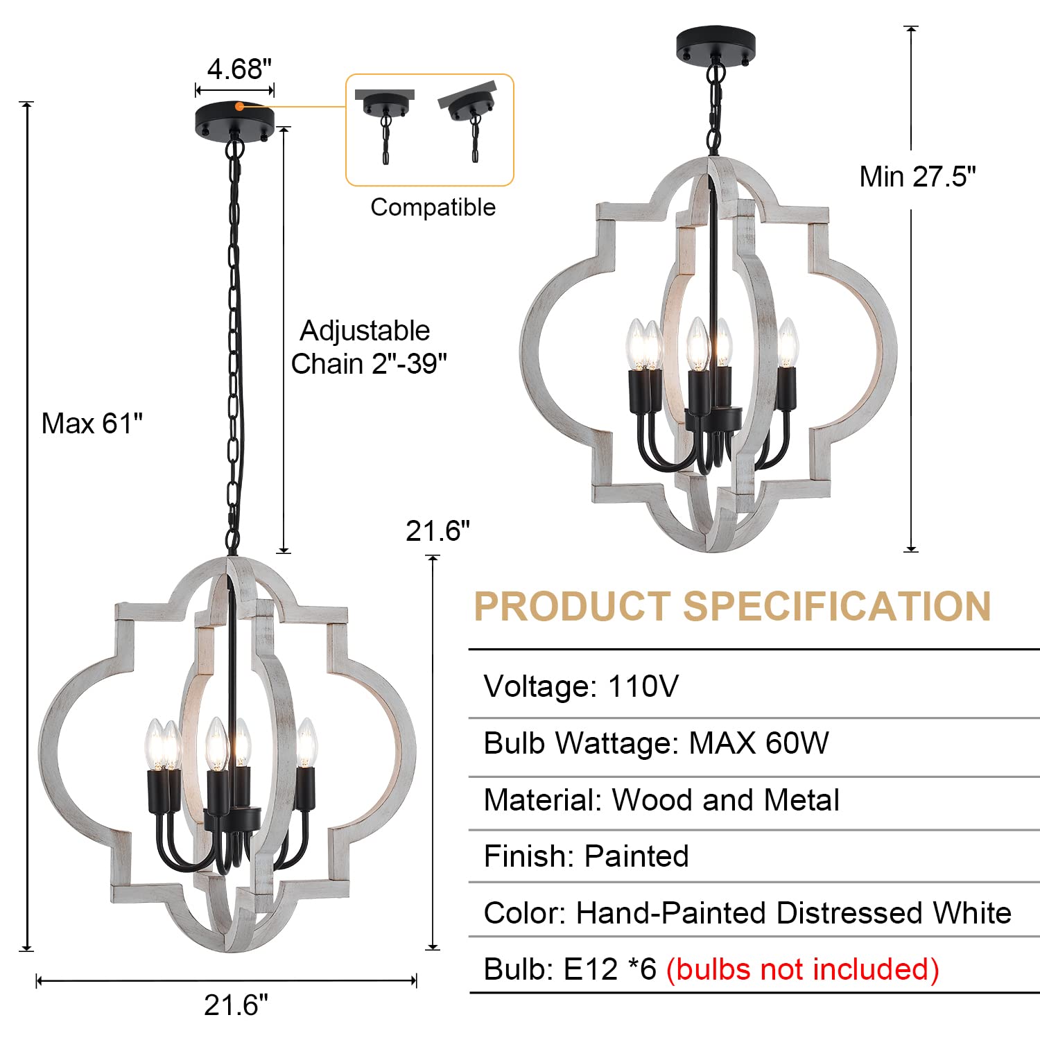 lighceac 6-Light Farmhouse Orb Chandelier, Distressed White Wood, 21" Pendant Light for Dining Room, Kitchen, Bedroom, Foyer