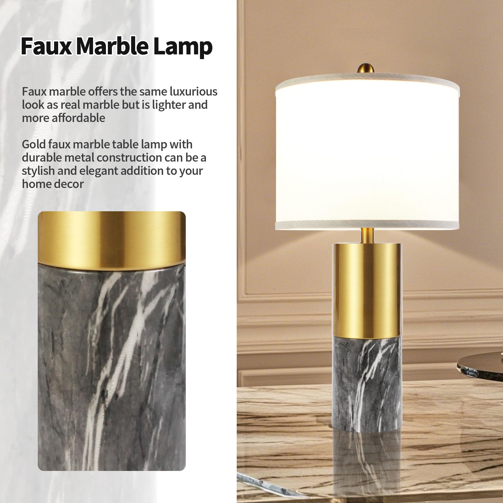 22'' Faux Marble Table Lamps Set Of 2, Modern 3-Color Temperature Table Lamps With Fabric Shades, Contemporary Bedside Nightstan